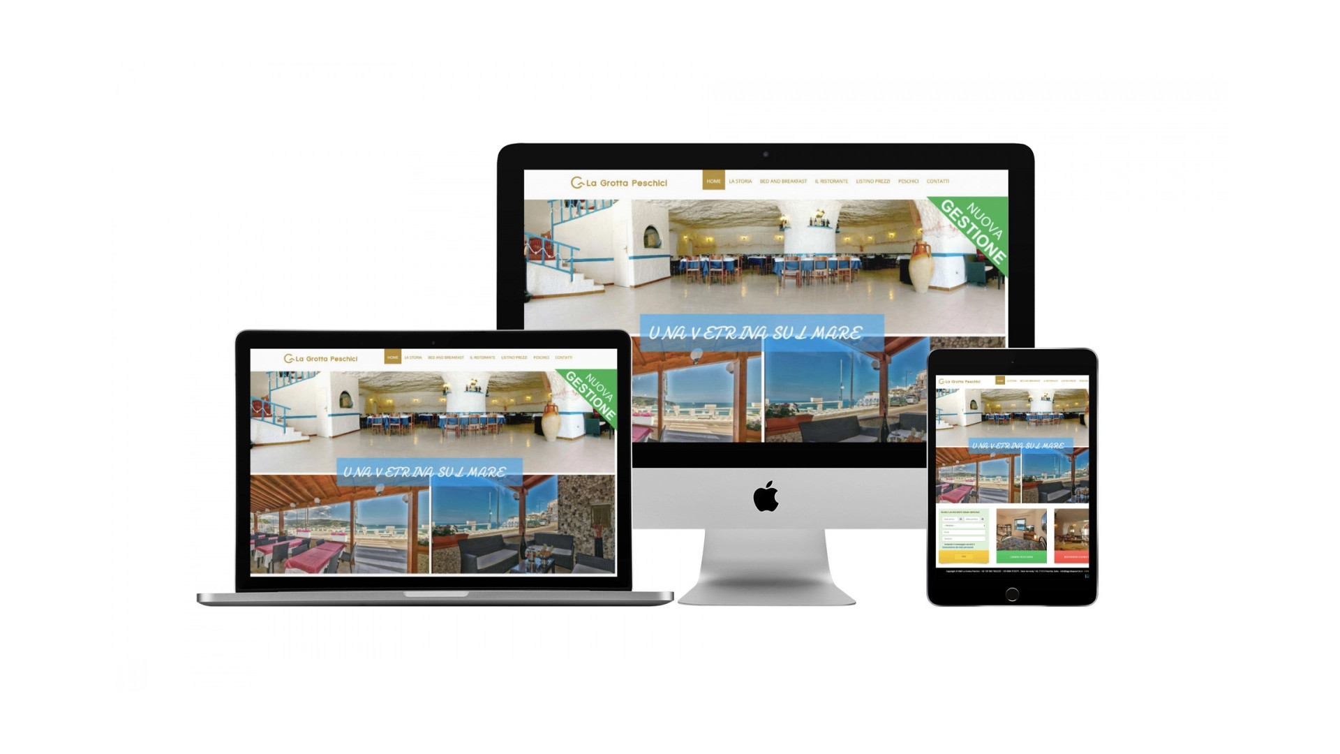 Mockup iMac iPad MacBook con Home Page responsive multi device del Sito Web de La Grotta Peschici