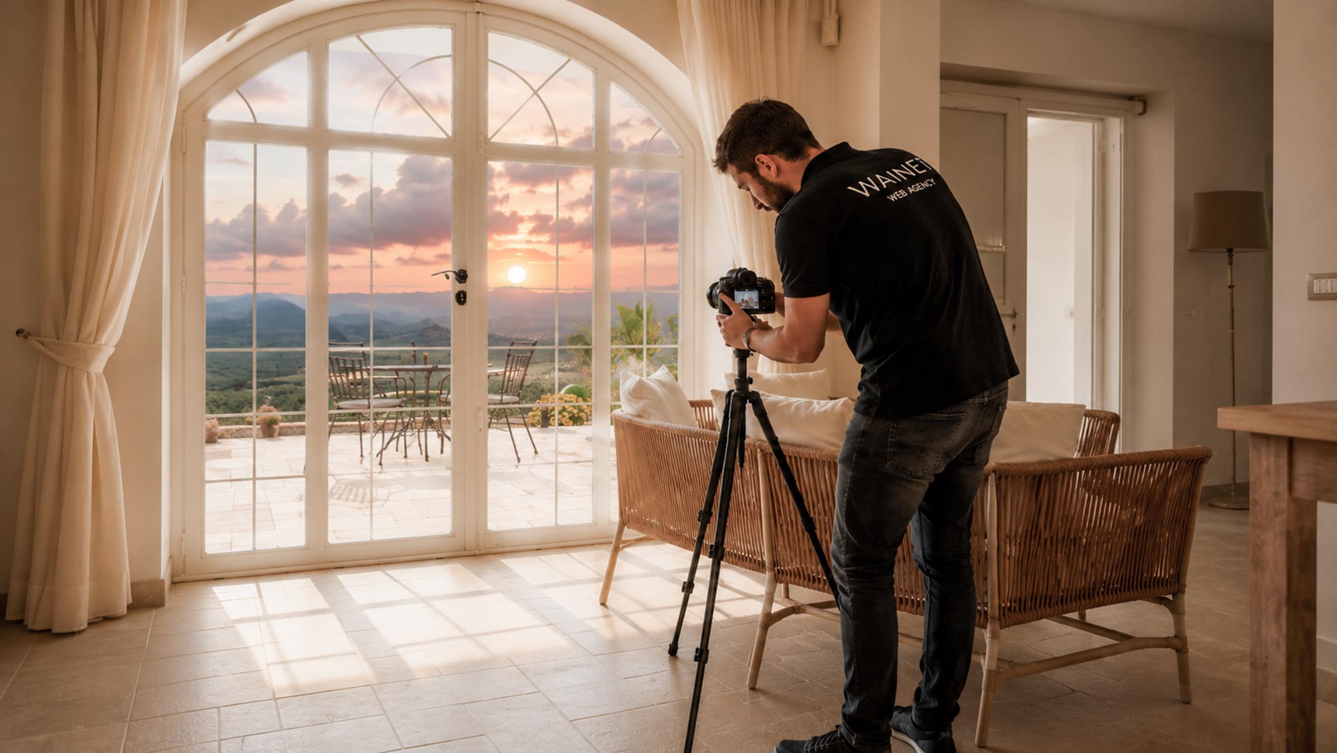 Fotografo durante un servizio nella sala panoramica della Posta del Guardiano