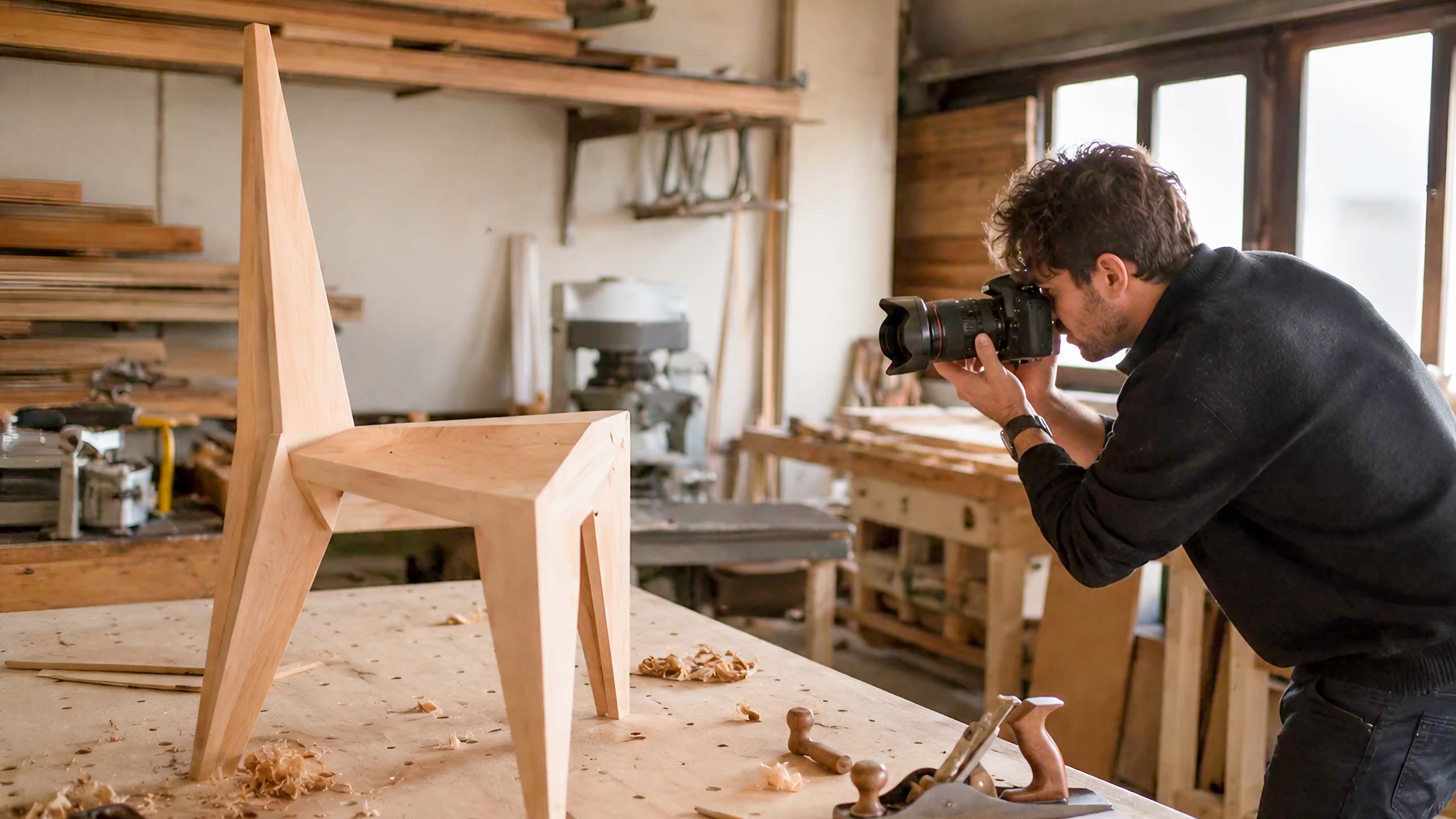 Fotografo durante uno shooting nel laboratorio di Manufactory Design a Mosciano Sant'Angelo