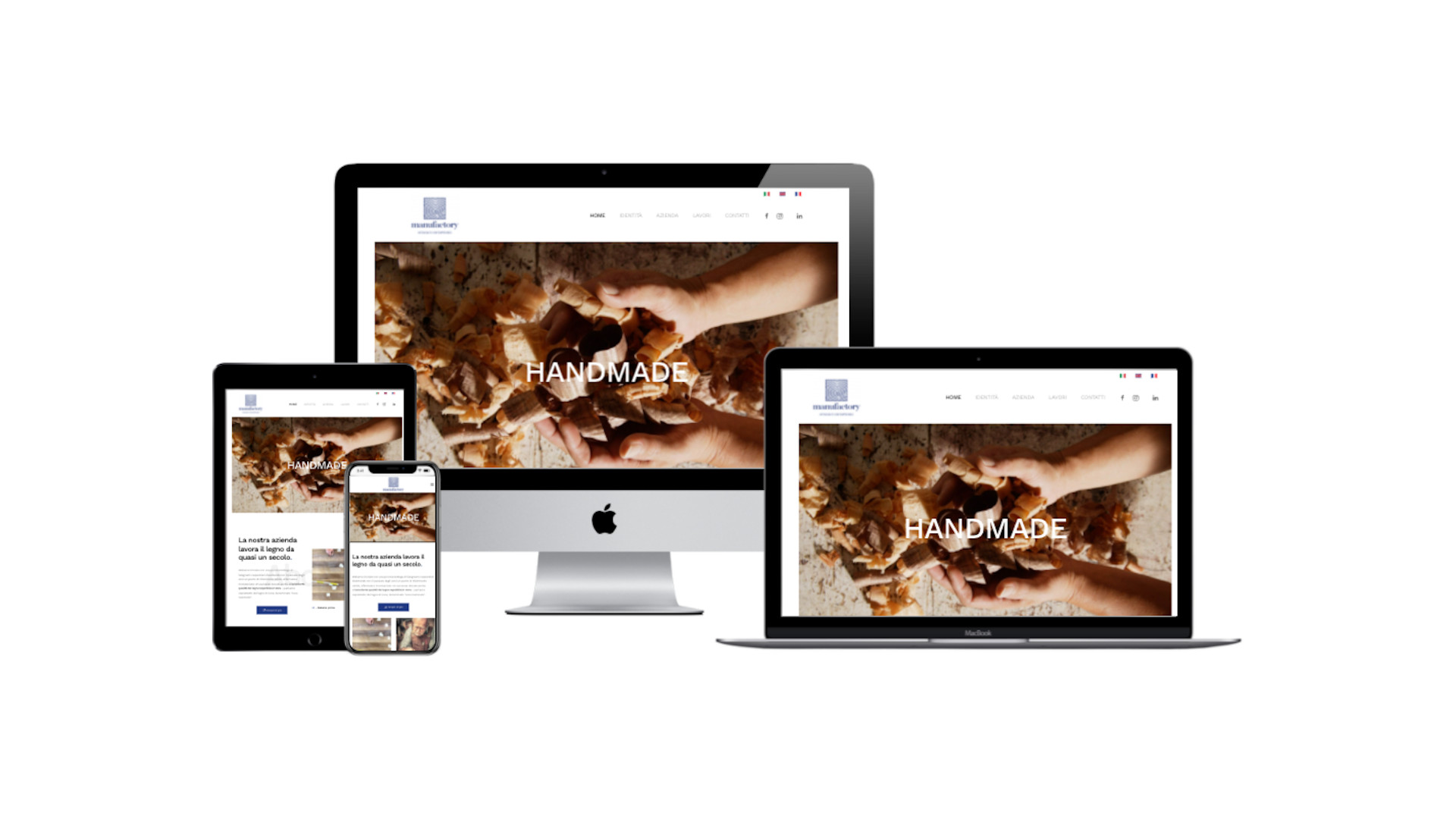 Mockup iMac sulla scrivania con Home Page responsive multi device del Sito Web di Manufactory Design di Mosciano Sant'Angelo
