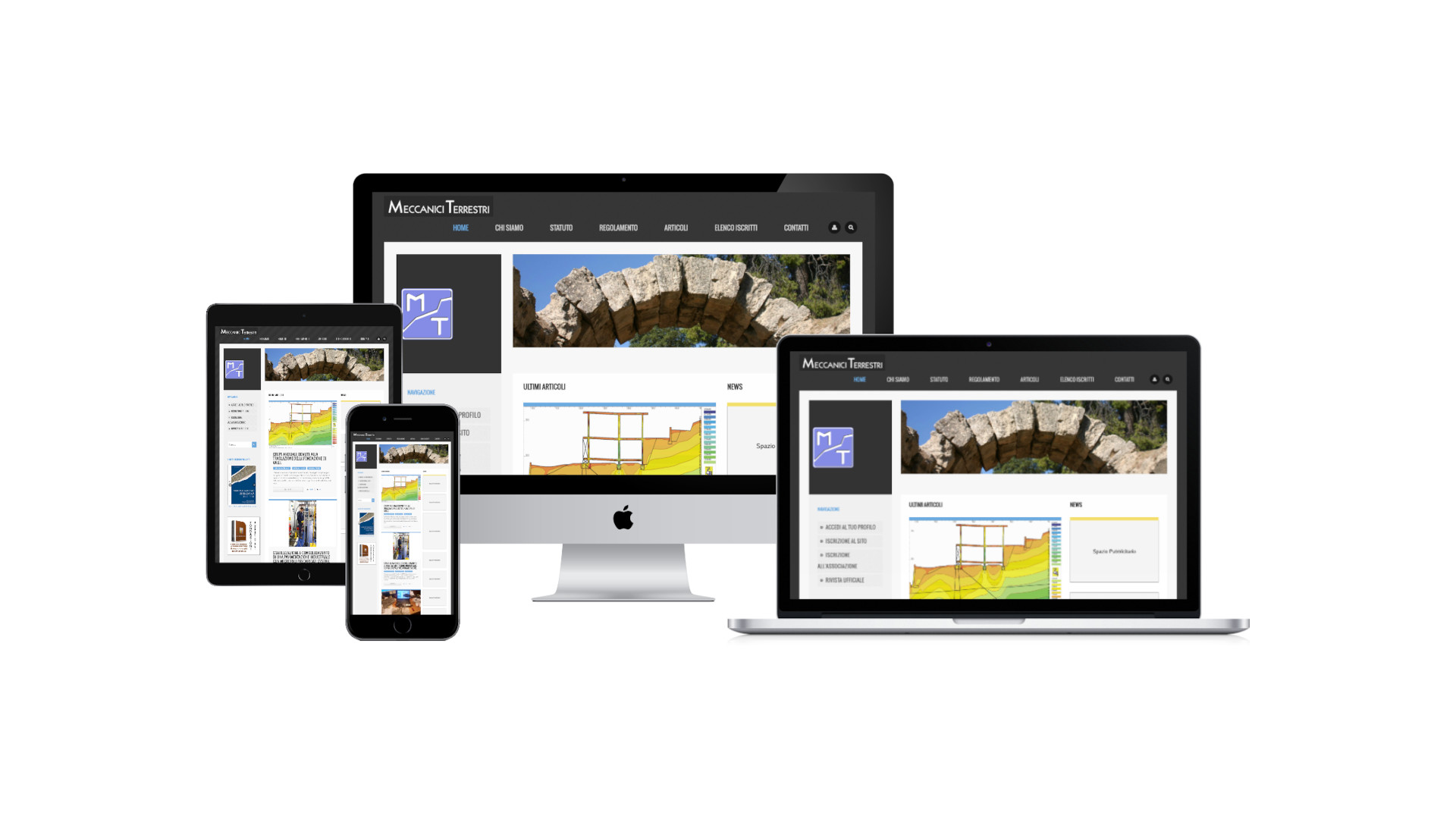 Mockup iMac iPad MacBook con Home Page responsive multi device del Sito Web di Meccanici Terrestri