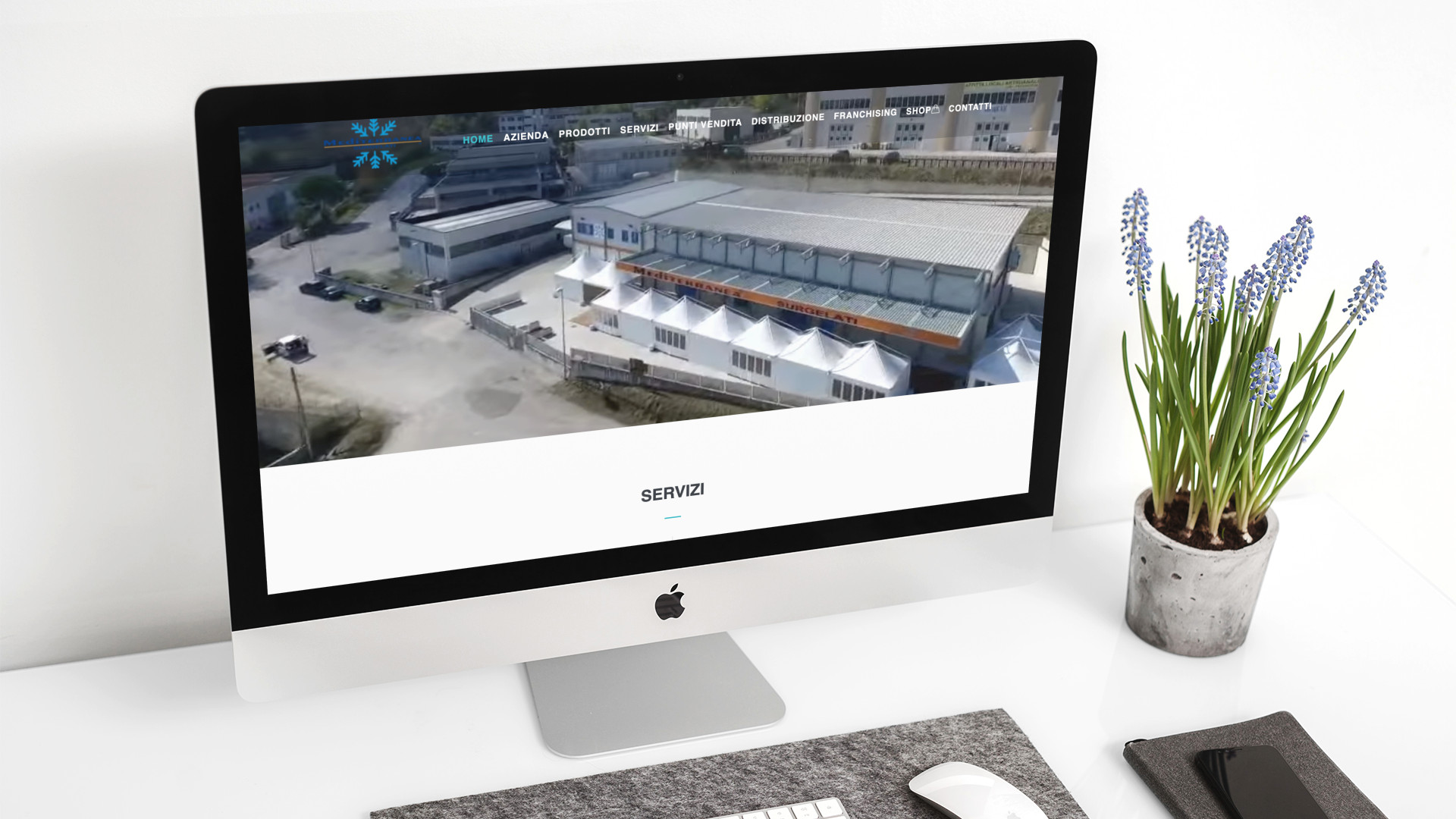 IMac sulla scrivania con la Home Page del sito web di Mediterranea Surgelati di Teramo
