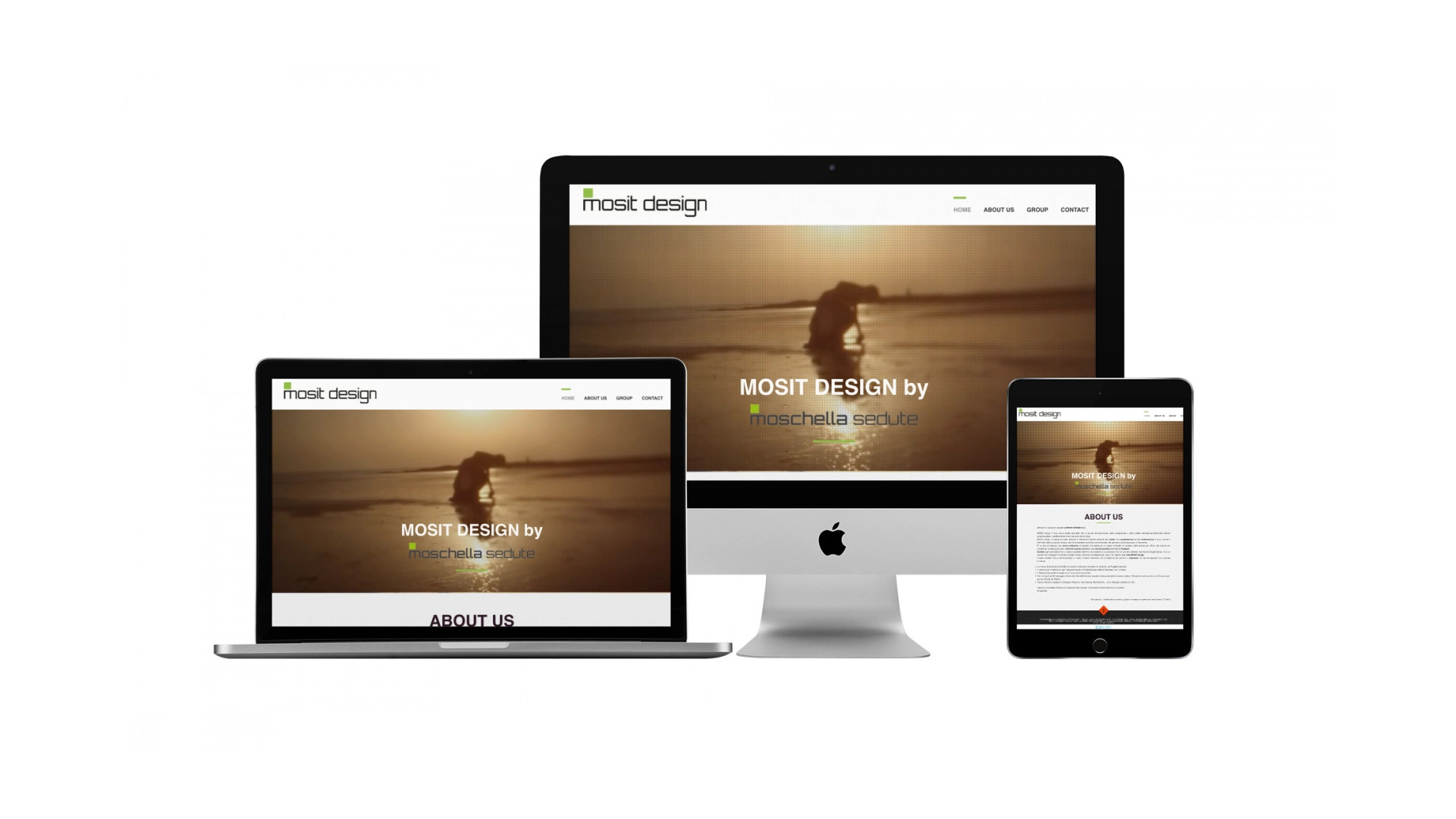 Mockup iMac iPad MacBook con Home Page responsive multi device del Sito Web di Mosit Design di Teramo