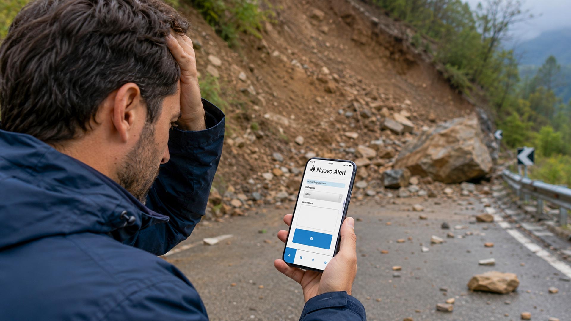 Persona preoccupata vicino a una frana mentre segnala l'accaduto tramite l'App MyAlert