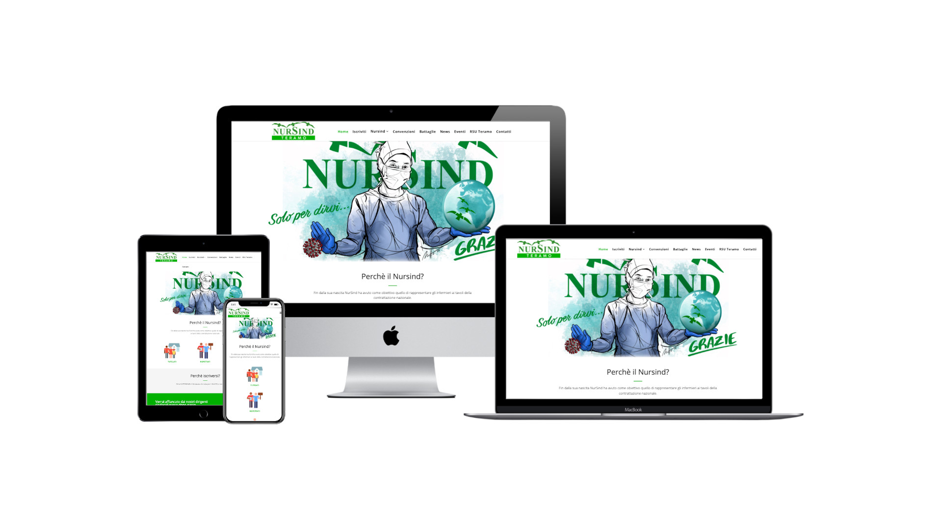 Mockup iMac sulla scrivania con Home Page responsive multi device del sito web di Nursind di Teramo