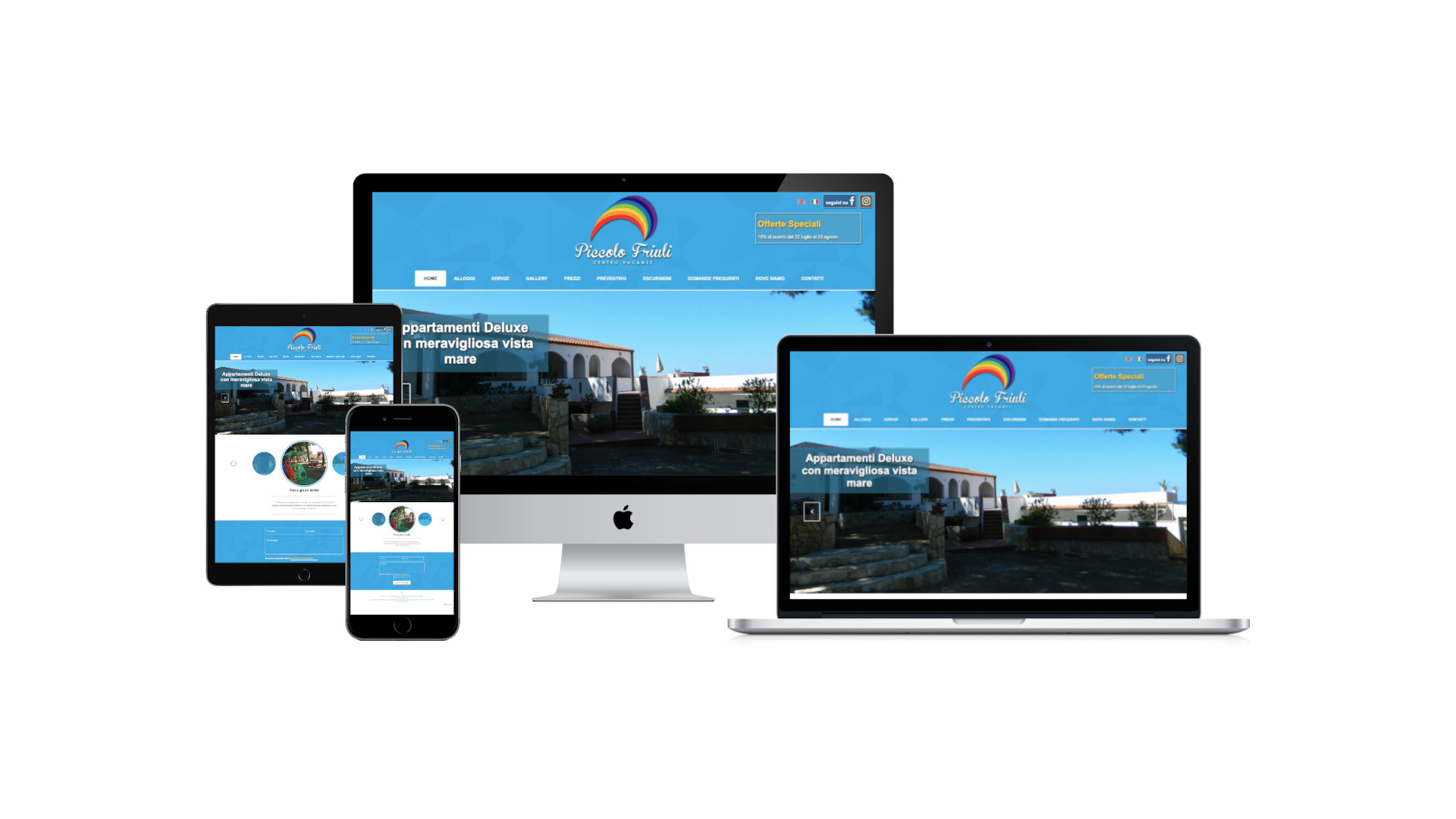 Mockup iMac sulla scrivania con Home Page responsive multi device del sito web del Piccolo Friuli di Vieste