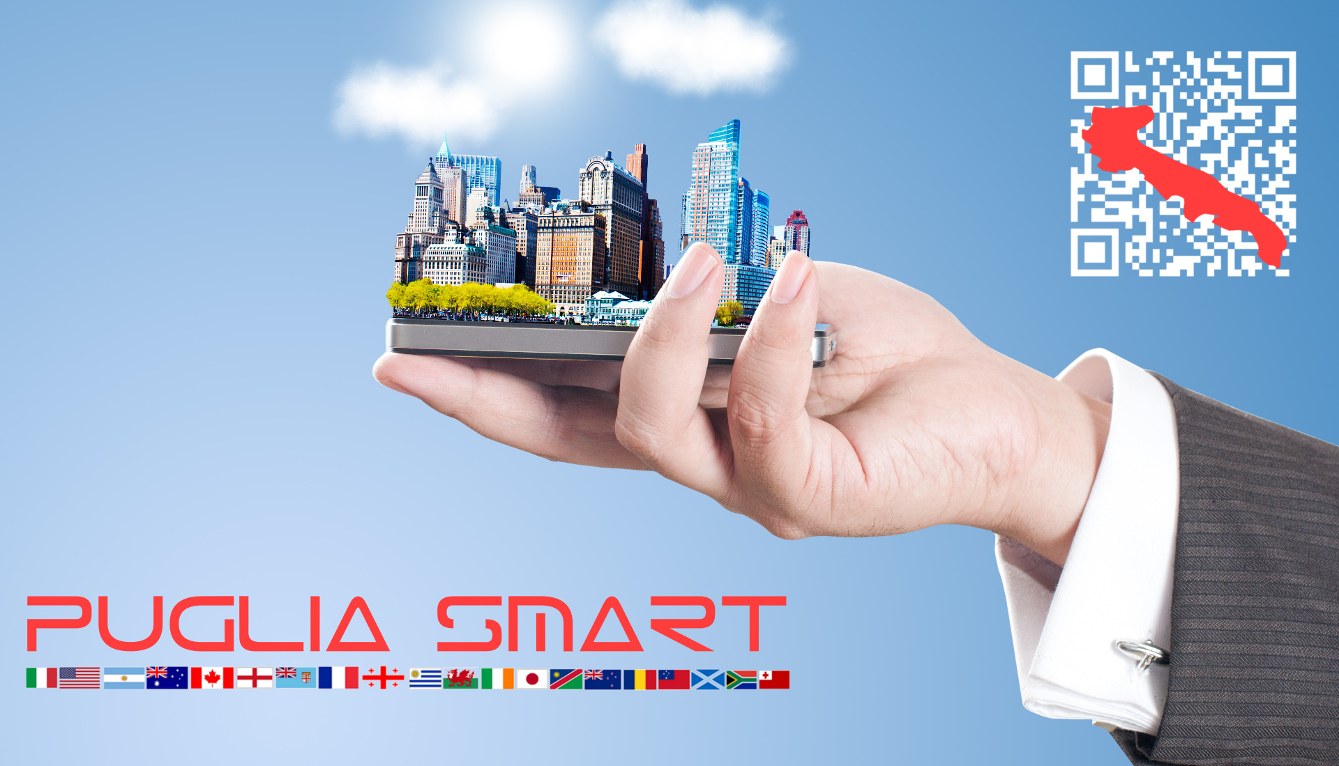 Sfondo Sito App-Puglia Smart mano che regge una smartcity