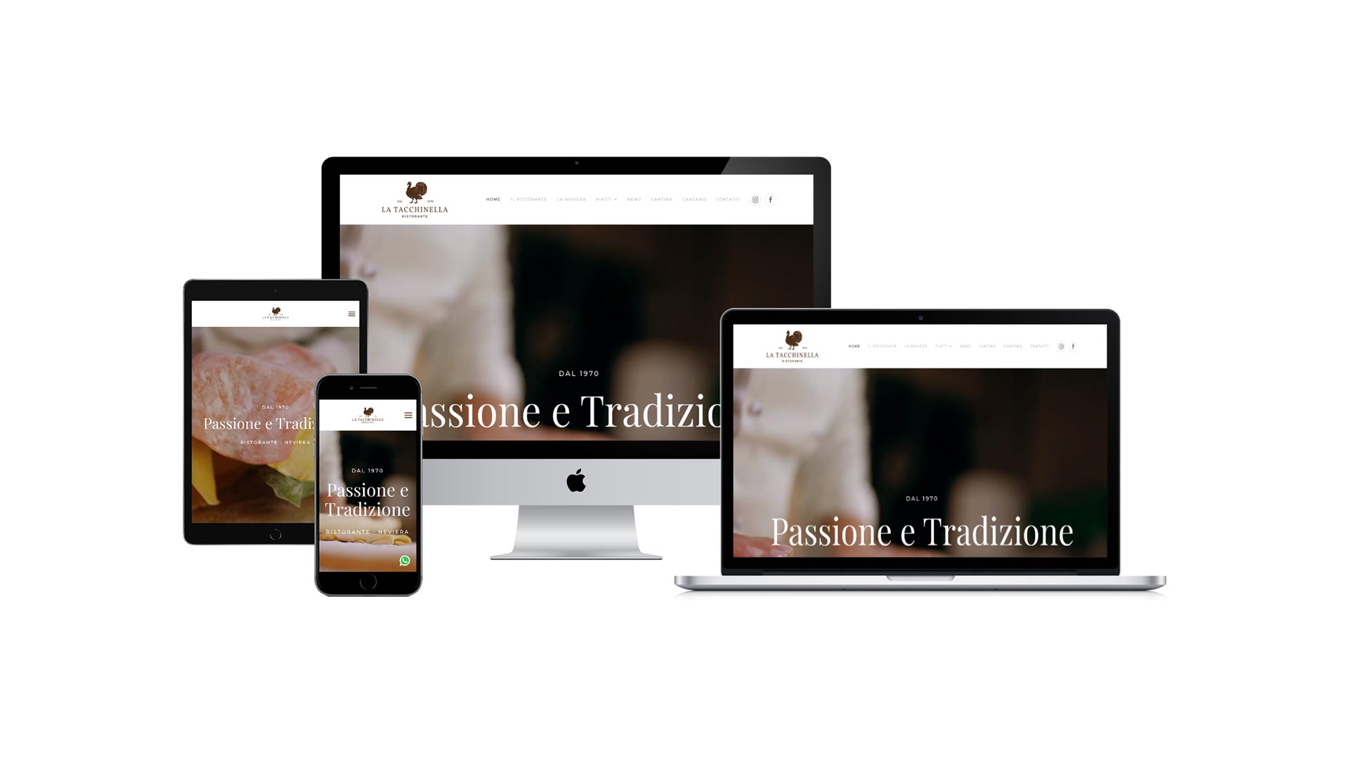 Sito del Ristorante La Tacchinella visualizzato su computer, tablet e smartphone