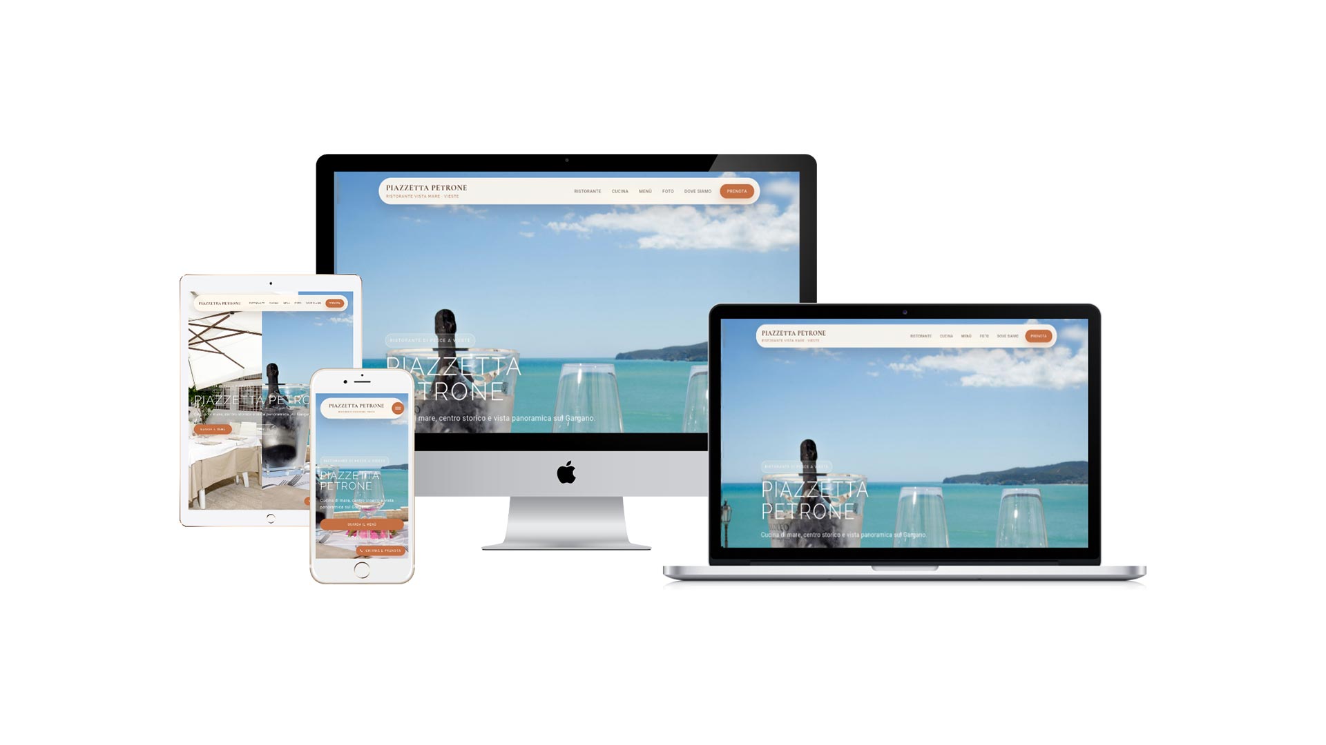 Sito del Ristorante Piazzetta Petrone di Vieste visualizzato su più dispositivi