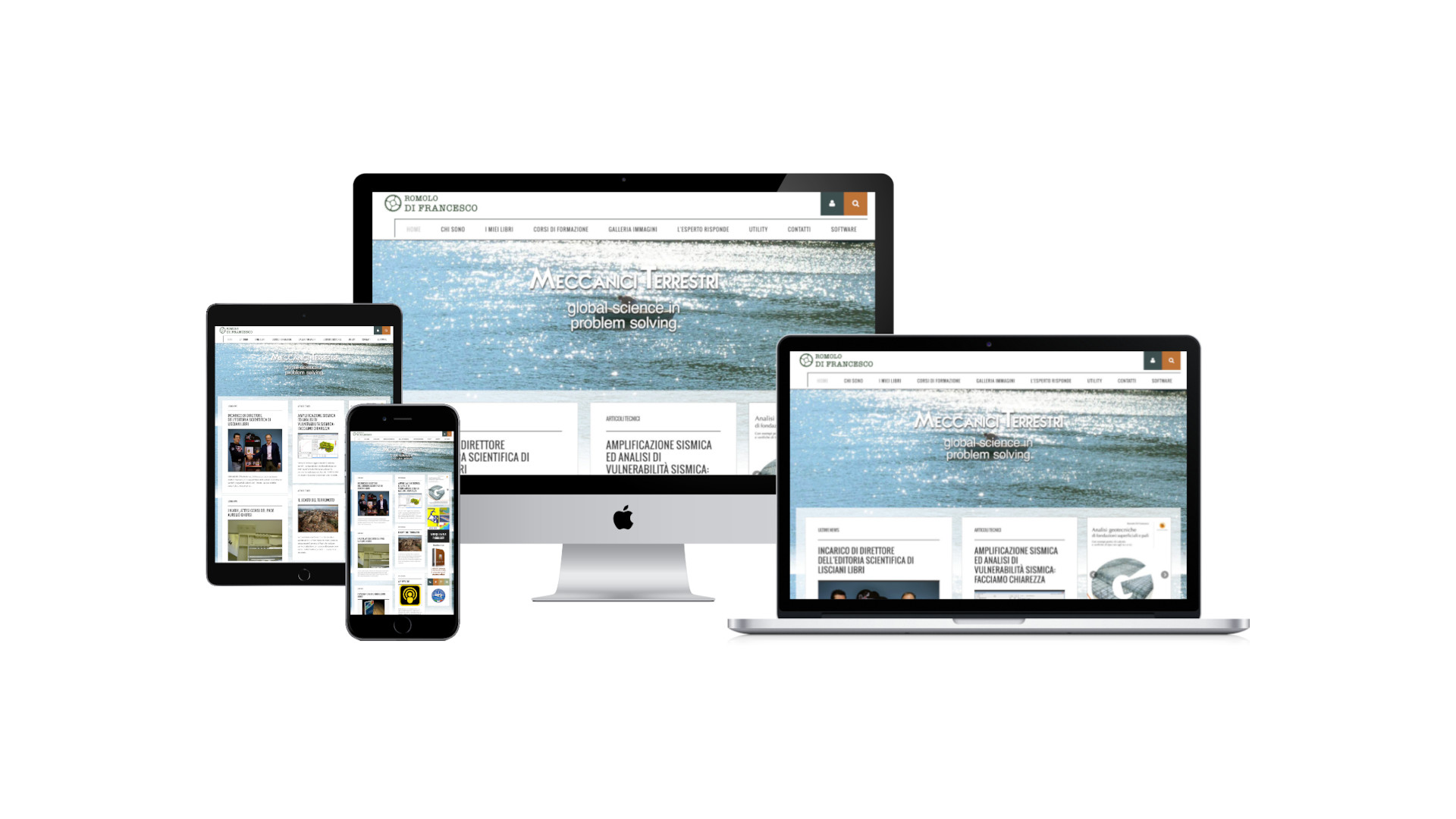 Mockup iMac sulla scrivania con Home Page responsive multi device del sito web di Romolo Di Francesco geologo Teramo