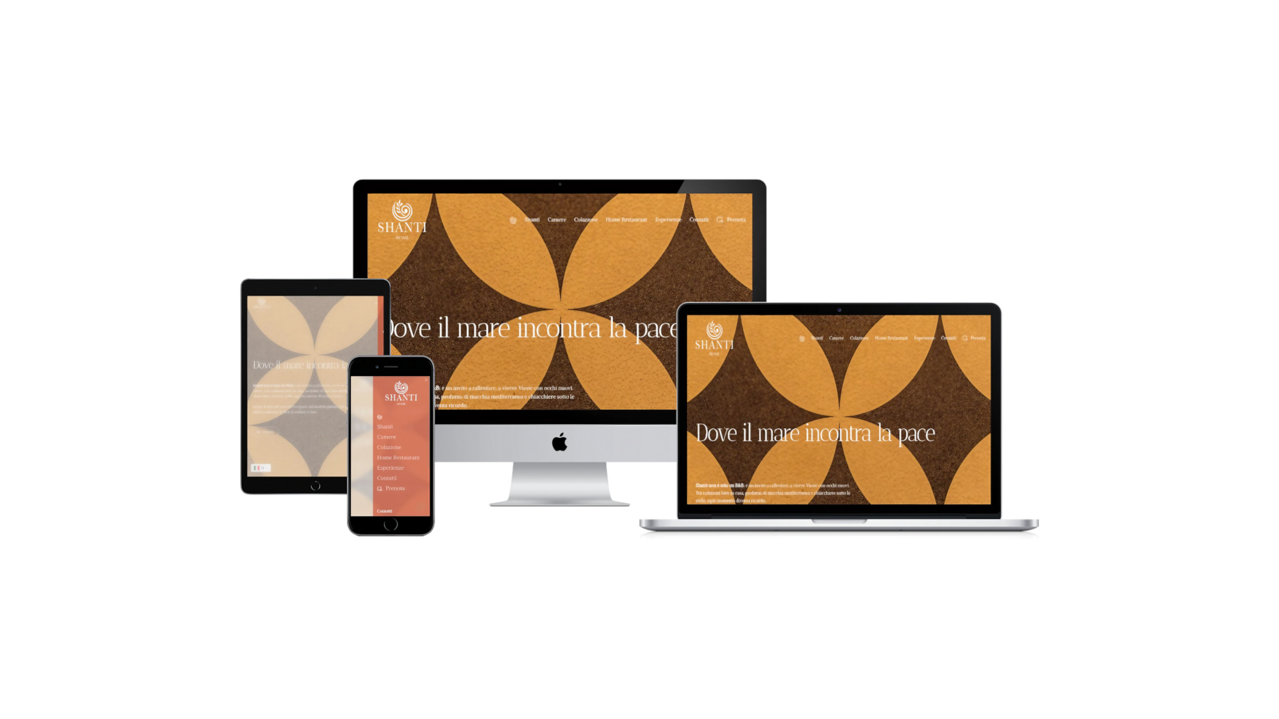 Mockup iMac sulla scrivania con Home Page responsive multi device del Sito Web di Shanti B&B di Vieste nel Gargano in Puglia