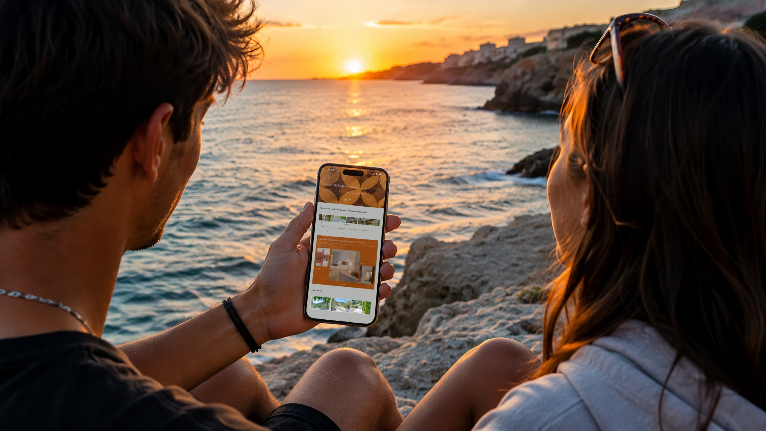 Coppia consulta il sito dello Shanti B&B davanti al mare al tramonto