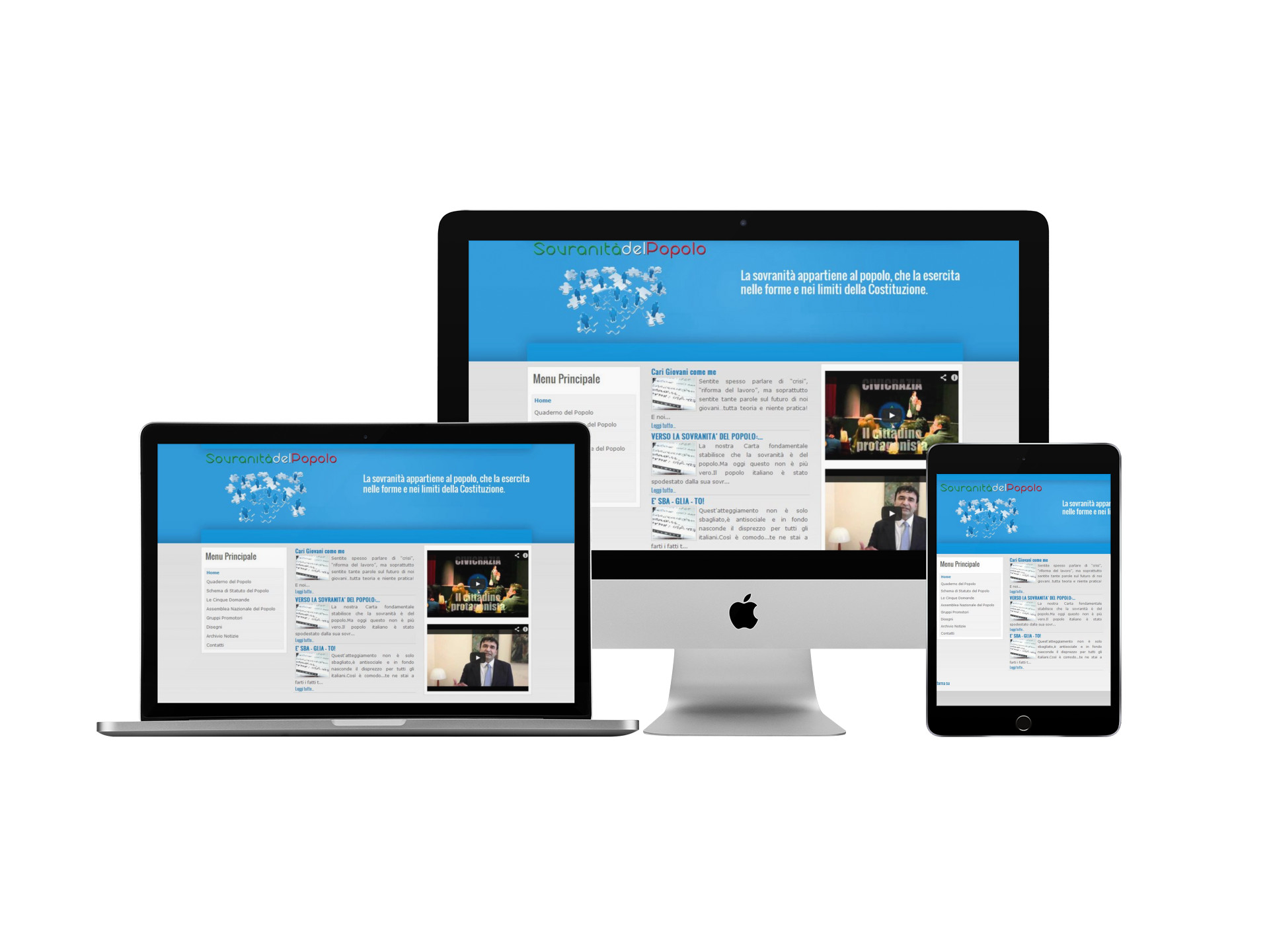 Mockup iMac iPad MacBook con Home Page responsive multi device del Sito Web della Sovranità Del Popolo