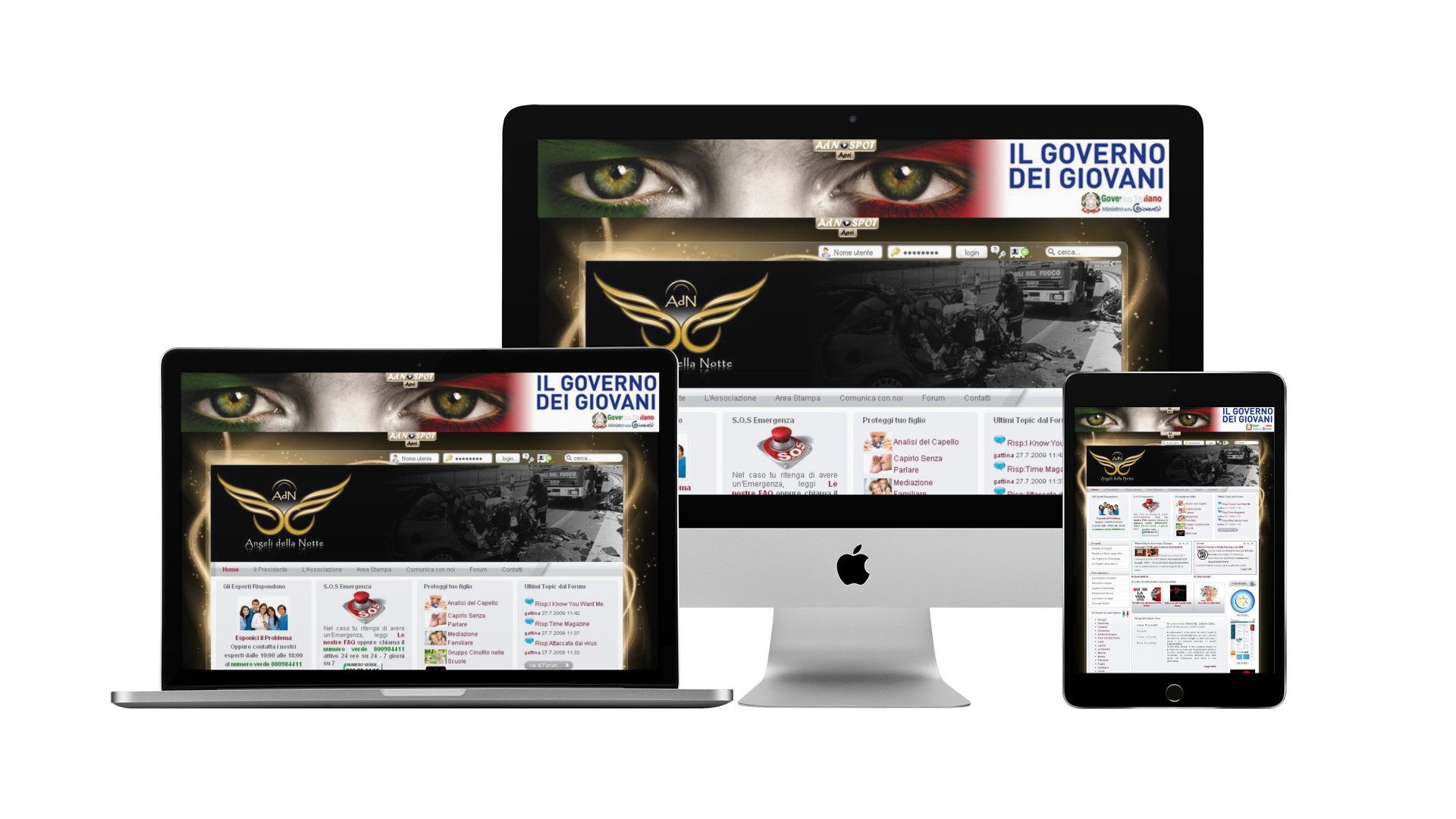 Mockup iMac iPad e MacBook con Home Page responsive multi device del Sito Web Stragi del Sabato Sera realizzato dalla Web