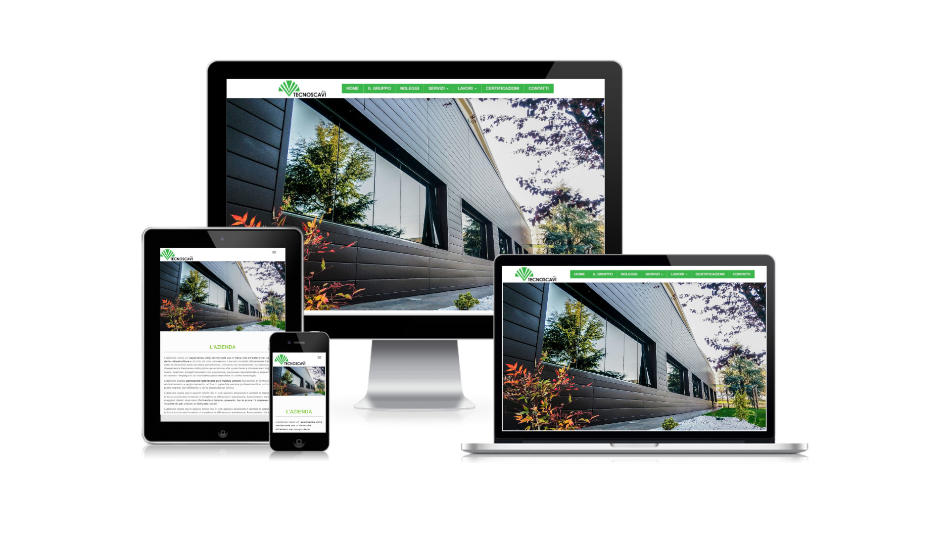 Mockup iMac iPad MacBook con Home Page responsive multi device del sito web di TecnoScavi di Teramo