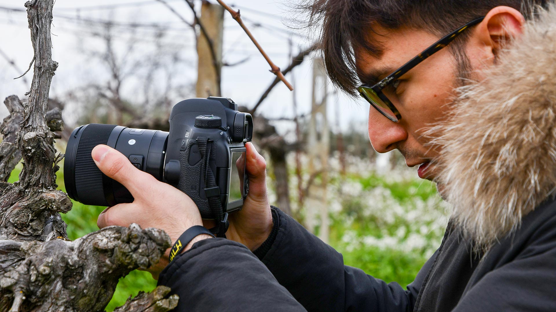 Fotografo durante shooting alla vigna presso Cantina Tenuta Trium a Notaresco di Teramo