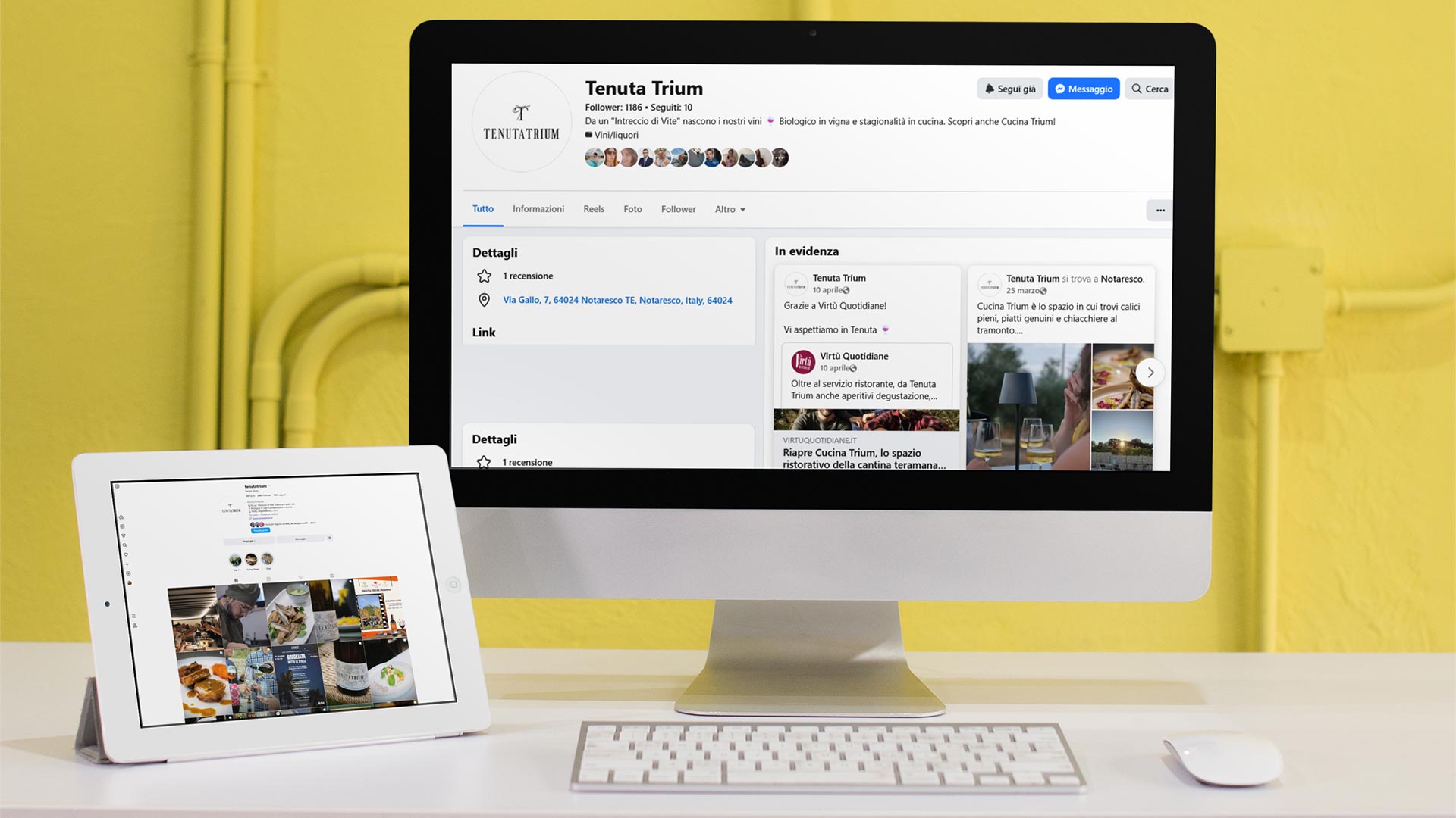IPad e iMac con pagine Facebook e Instagram Tenuta Trium
