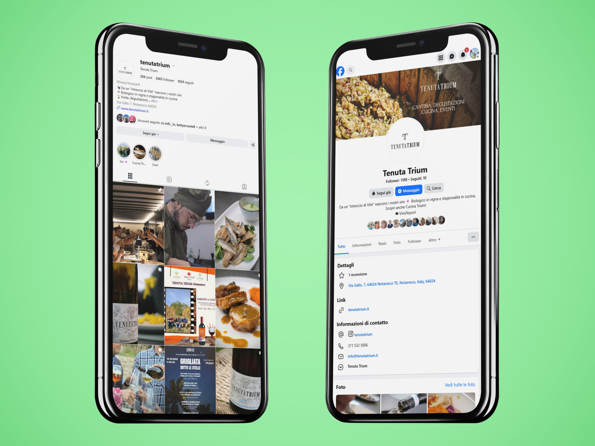 Due iPhone con homepage Facebook e Instagram di Tenuta Trium