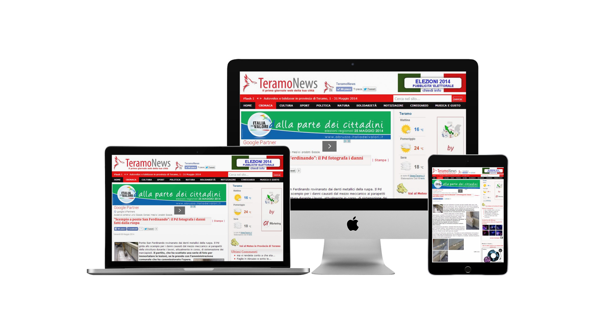 Sito responsive di Teramo News visualizzato su computer, tablet e smartphone