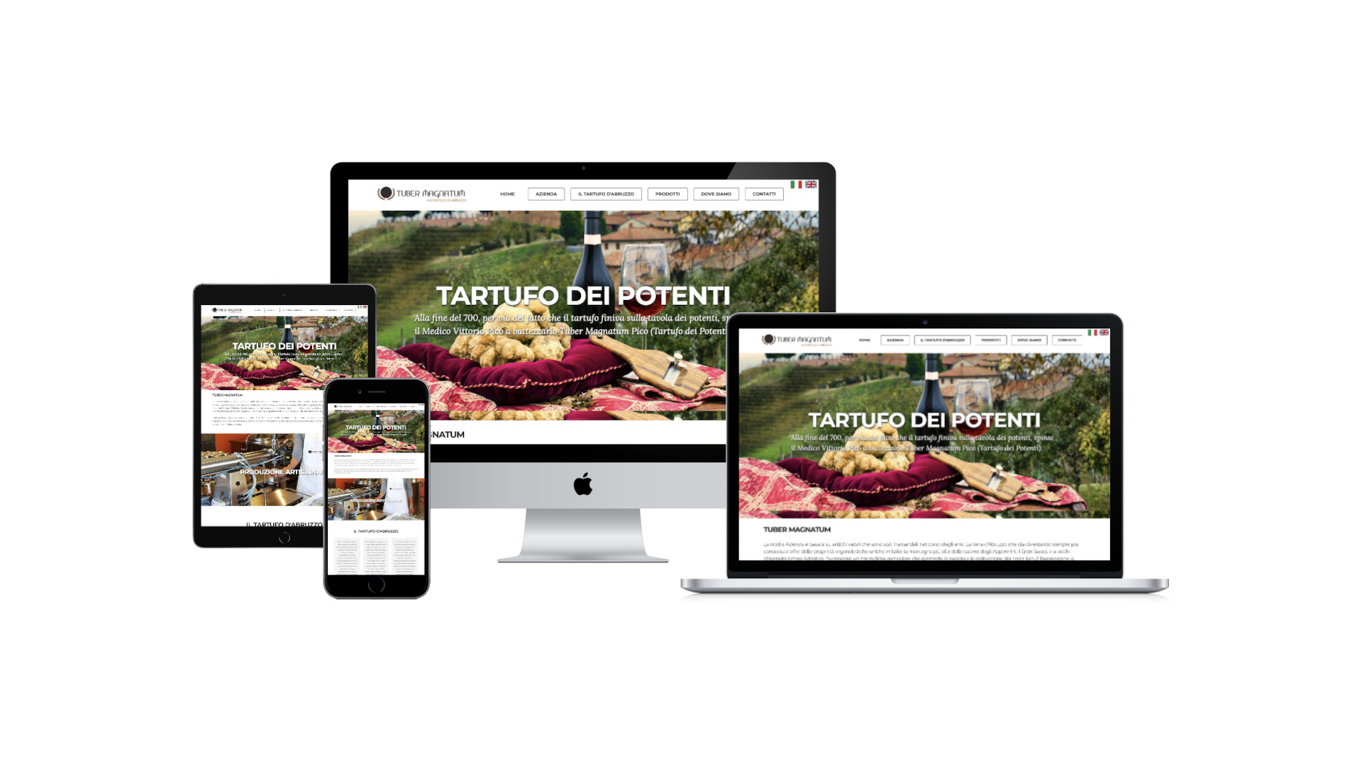 Mockup iMac iPad MacBook con Home Page responsive multi device del Sito Web di Tuber Magnatum