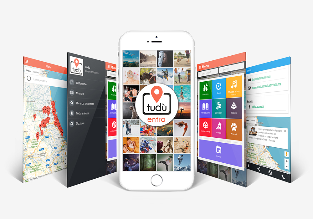 Mockup schermate pagine App TUDU per attività in Abruzzo