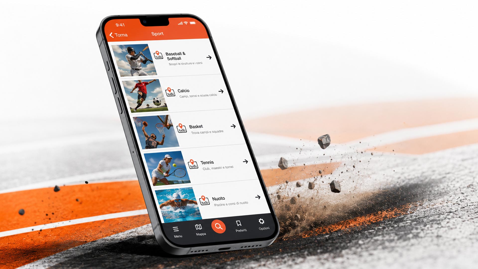 Elenco degli sport nell'app Tudu visualizzato su smartphone