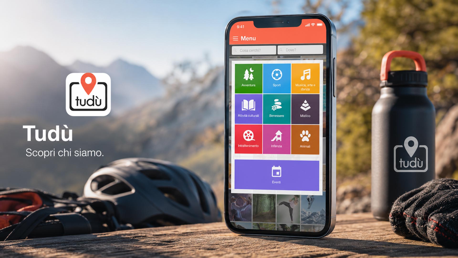 Homepage dell'app Tudu per attività sportive visualizzata su smartphone