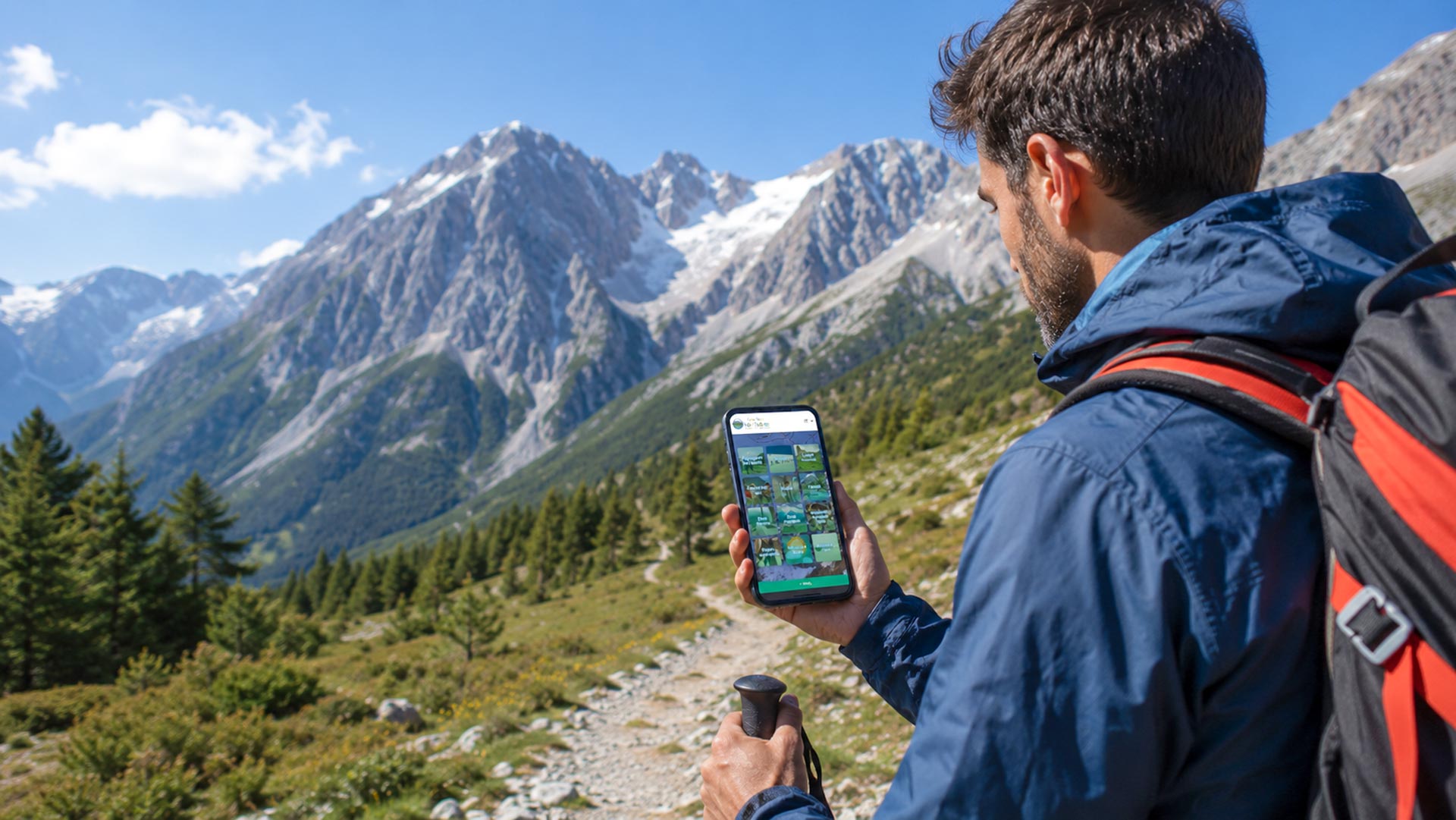 Escursionista consulta l'App Valle del Gran Sasso durante un trekking tra le montagne