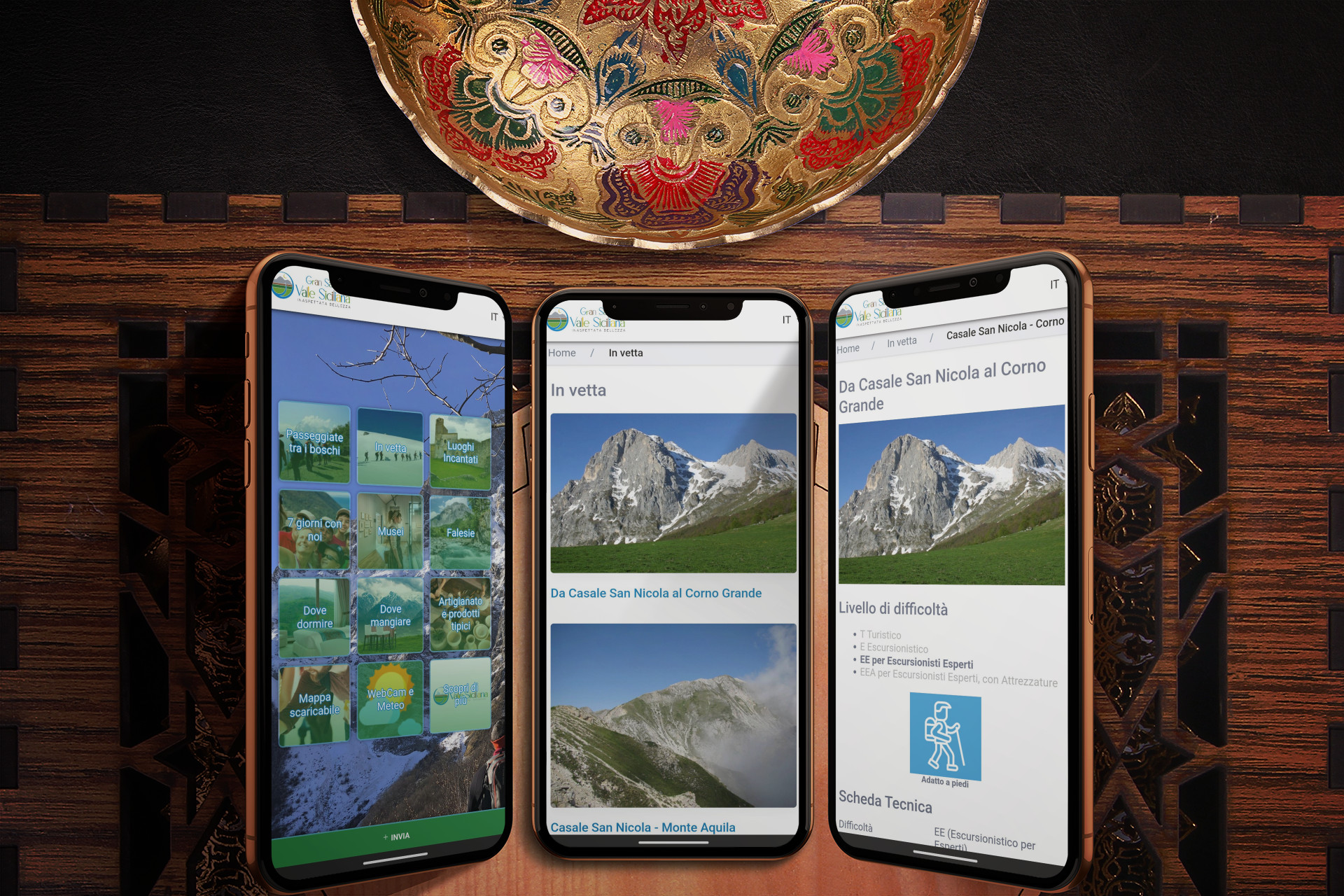 Mockup dell'App Valle del Gran Sasso per smartphone Android e Apple
