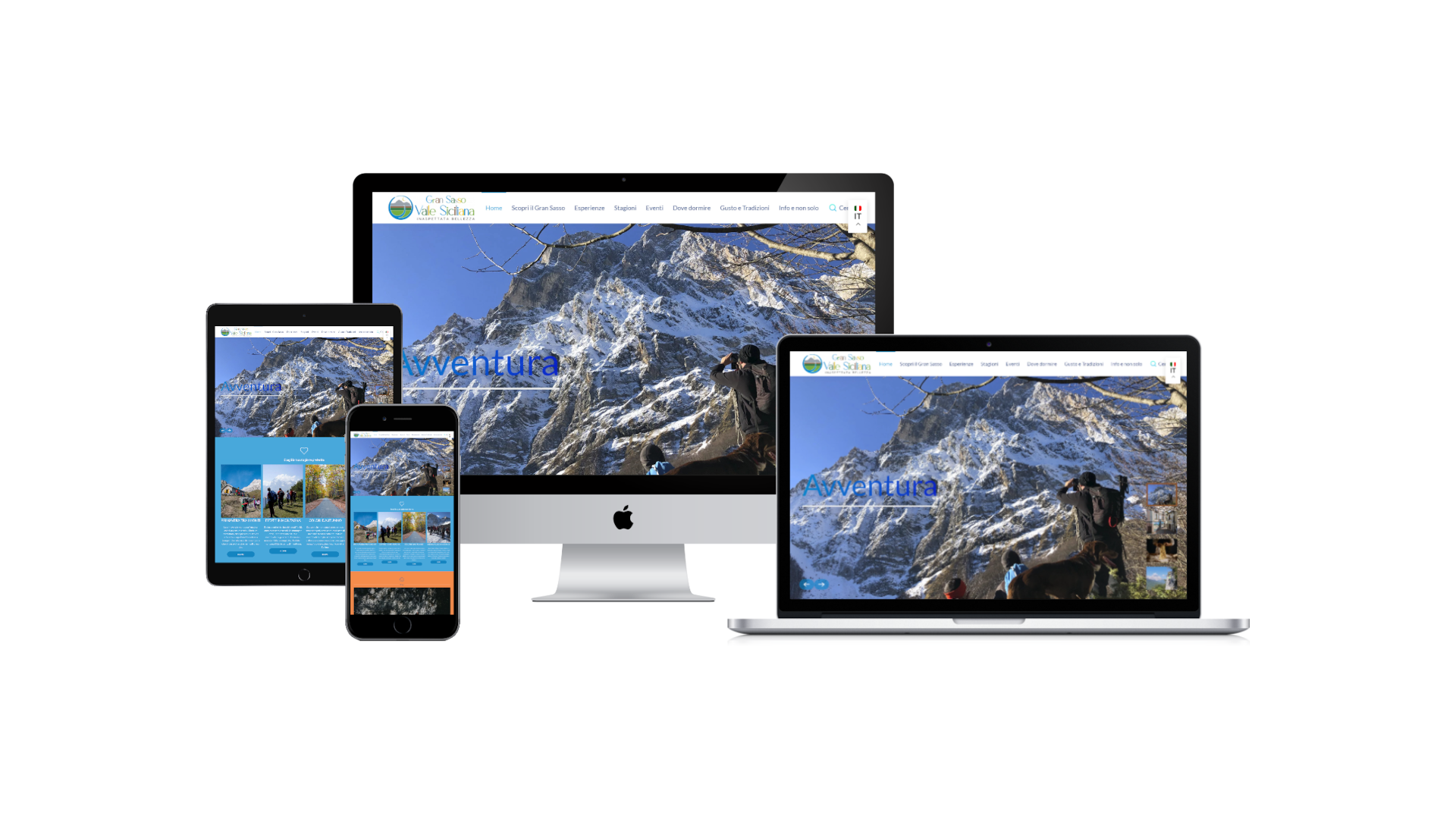 Mockup multi device iMac iPad iPhone MacBook con Home Page del sito web di Valle del Gran Sasso