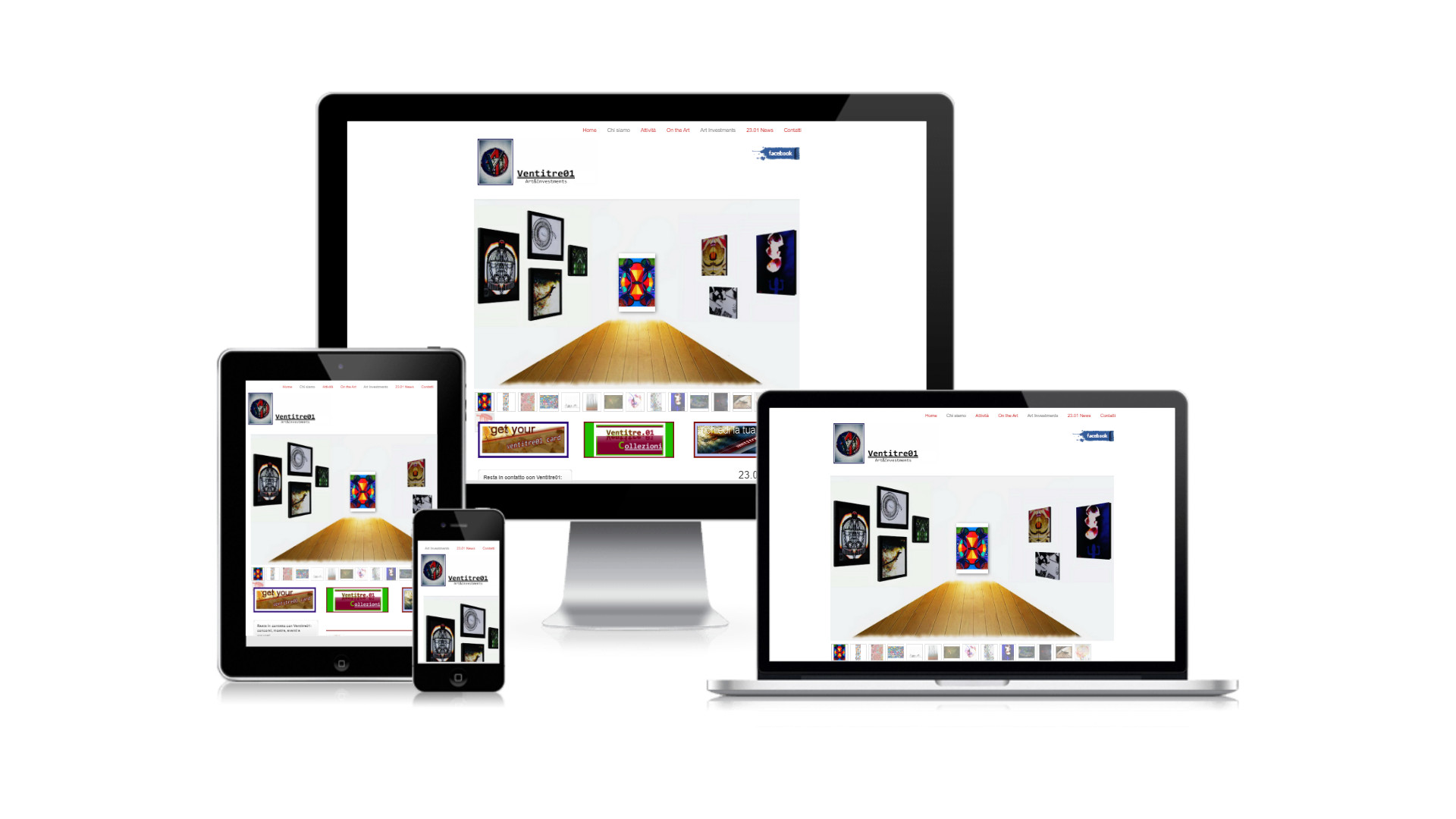Mockup iMac iPad MacBook con Home Page responsive multi device del Sito Web di Ventitre01 di Roma