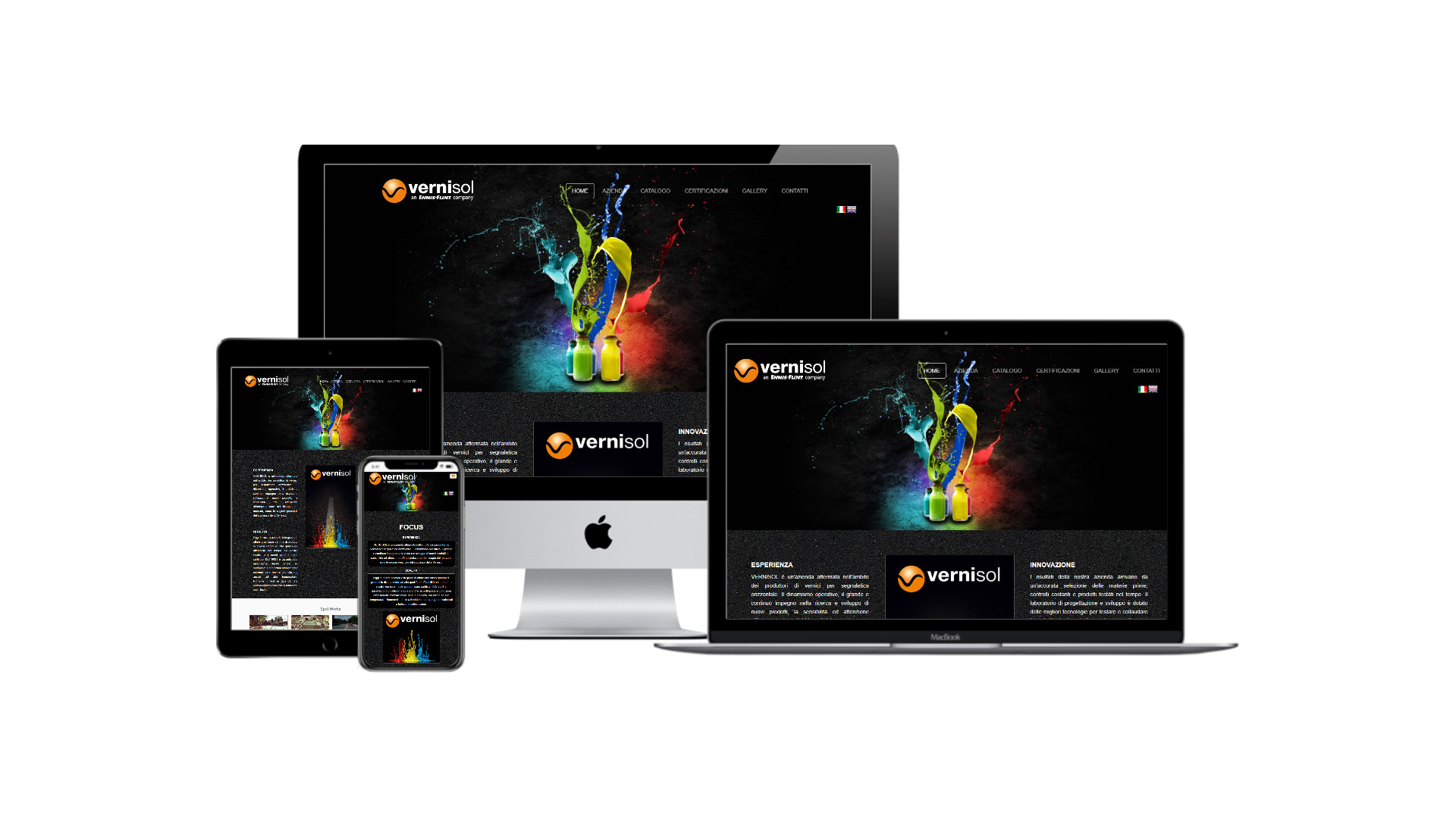 Mockup iMac sulla scrivania con Home Page responsive multi device del Sito Web della Vernisol Spa di Cremona
