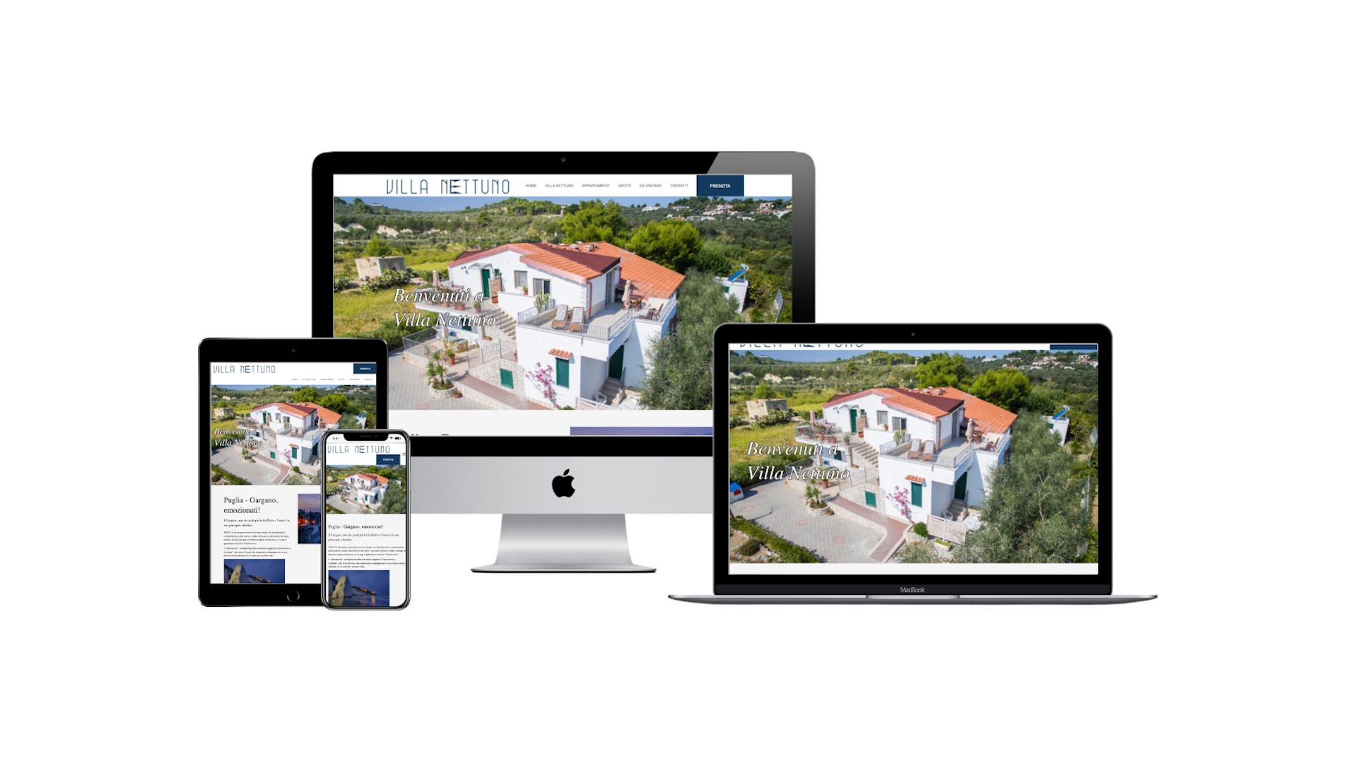 Sito di Villa Nettuno visualizzato su computer, tablet e smartphone
