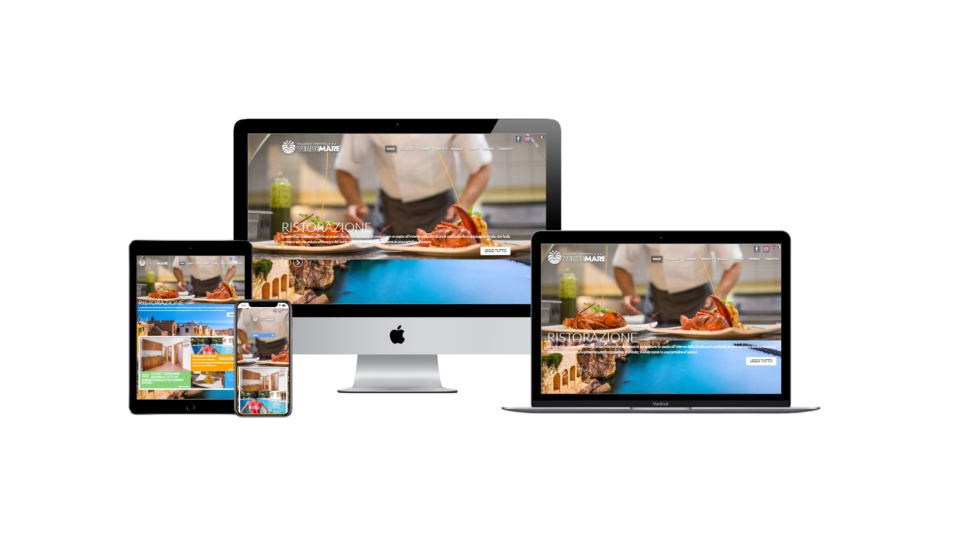 Sito del Villaggio Verdemare visualizzato su computer, tablet e smartphone