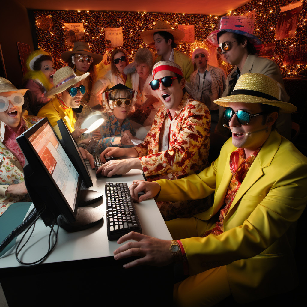 Computer party con ragazzi felici che festeggiano e brindano insieme