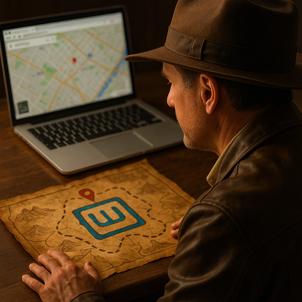 Indiana Jones mentre guarda una mappa del tesoro seduto alla scrivania con il suo laptop