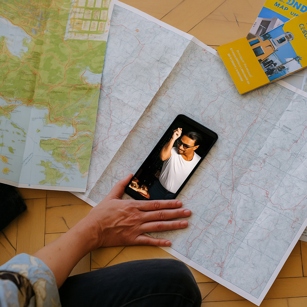 Mano ragazza con smartphone che mostra Salt Bae e sul tavolo mappe e cartine aperte