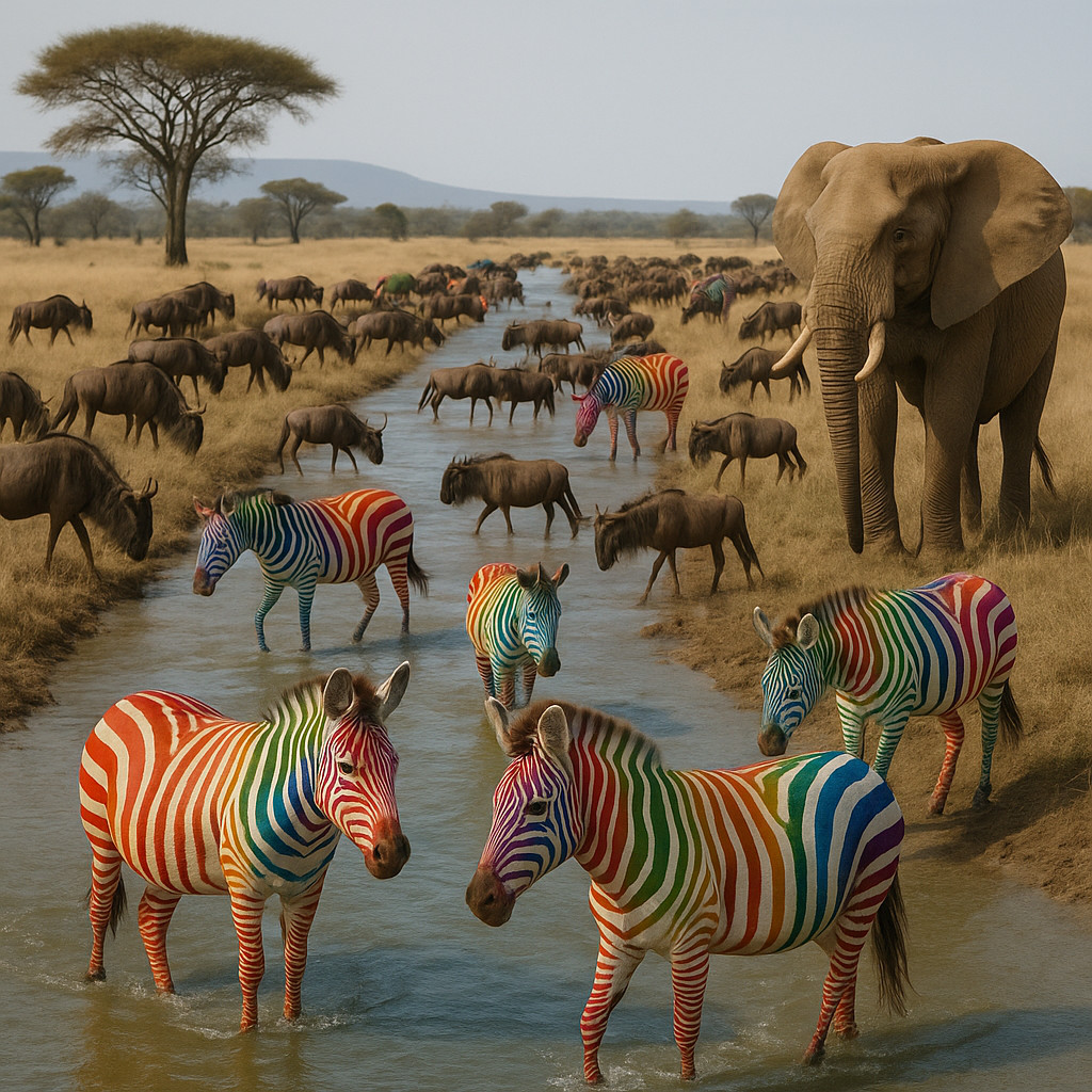 Grande migrazione degli animali in Africa con zebre colorate