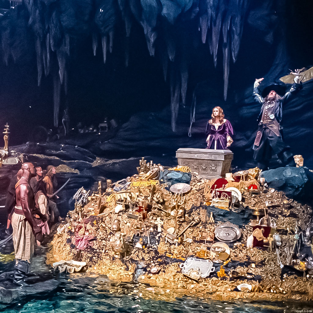 Scena film pirati dei Caraibi mentre Capitan Barbossa trova il tesoro nella ceverna