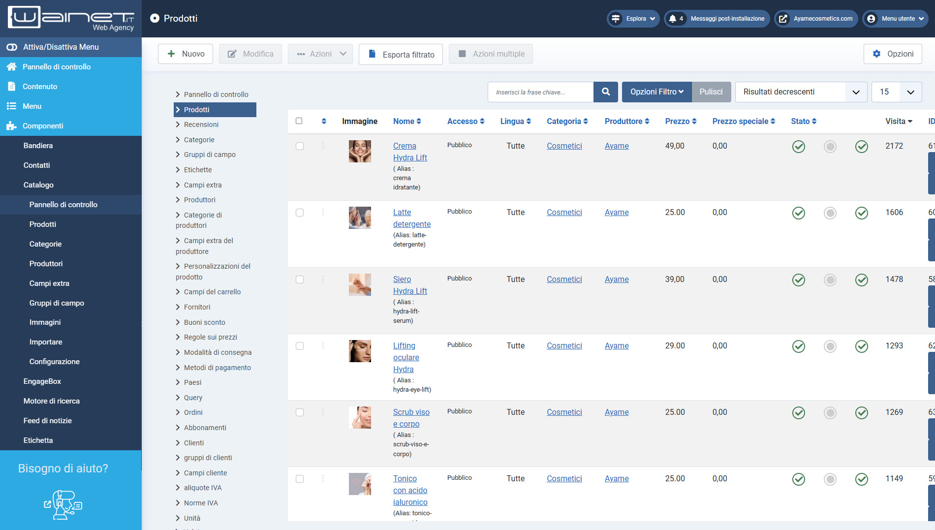 Pannello d controllo Area Riservata di Wainet per gestione Sito Web E-Commerce sezione prodotti
