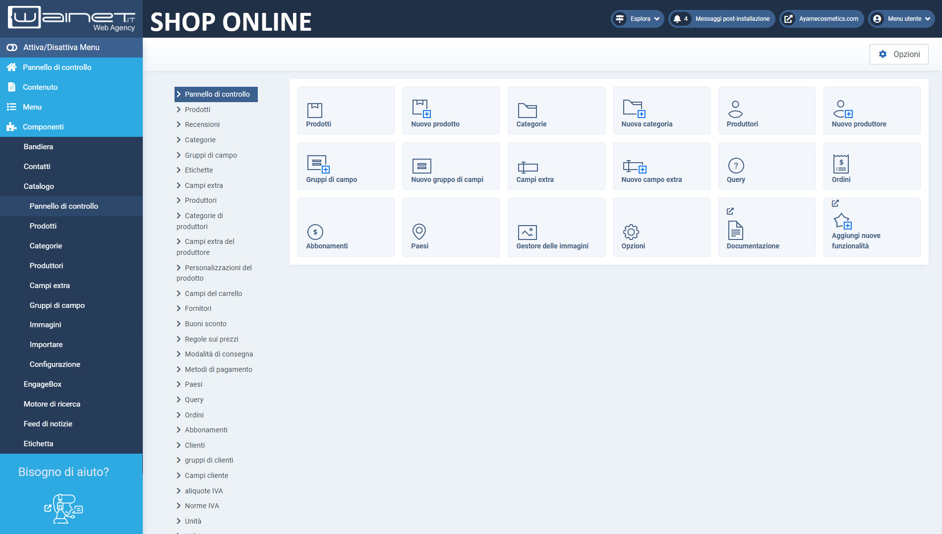 Pannello d controllo Area Riservata di Wainet per gestione Sito Web E-Commerce