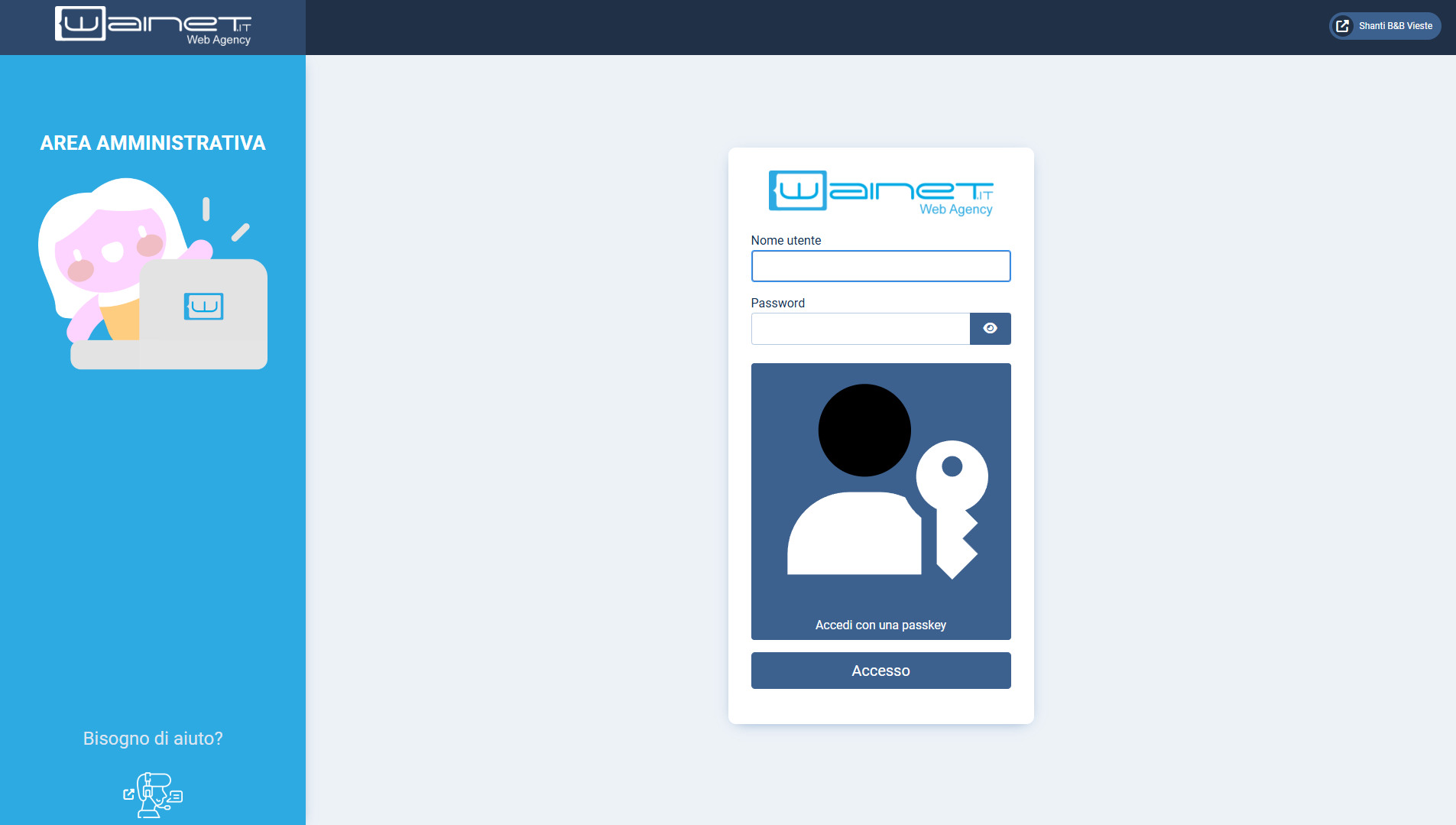 Sezione login Area Riservata di Wainet per gestione Sito Web