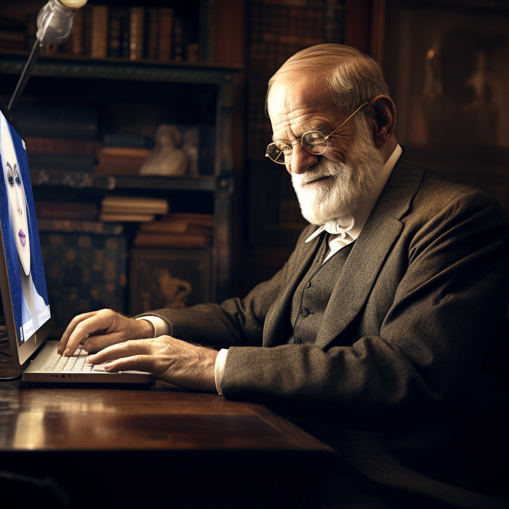 Sigmund Freud mentre guarda al computer una donna sexy