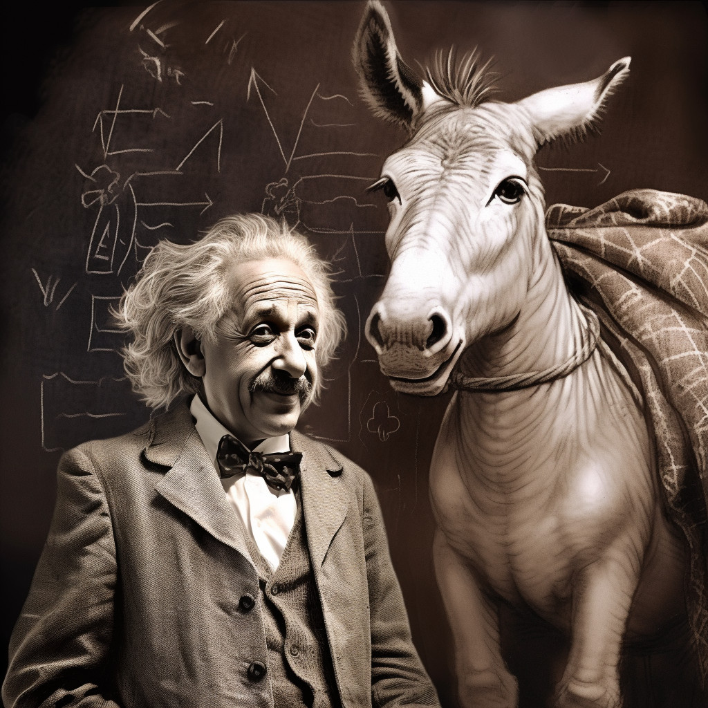 Albert Einstein vicino ad un asino e dietro una lavagna scarabocchiata 