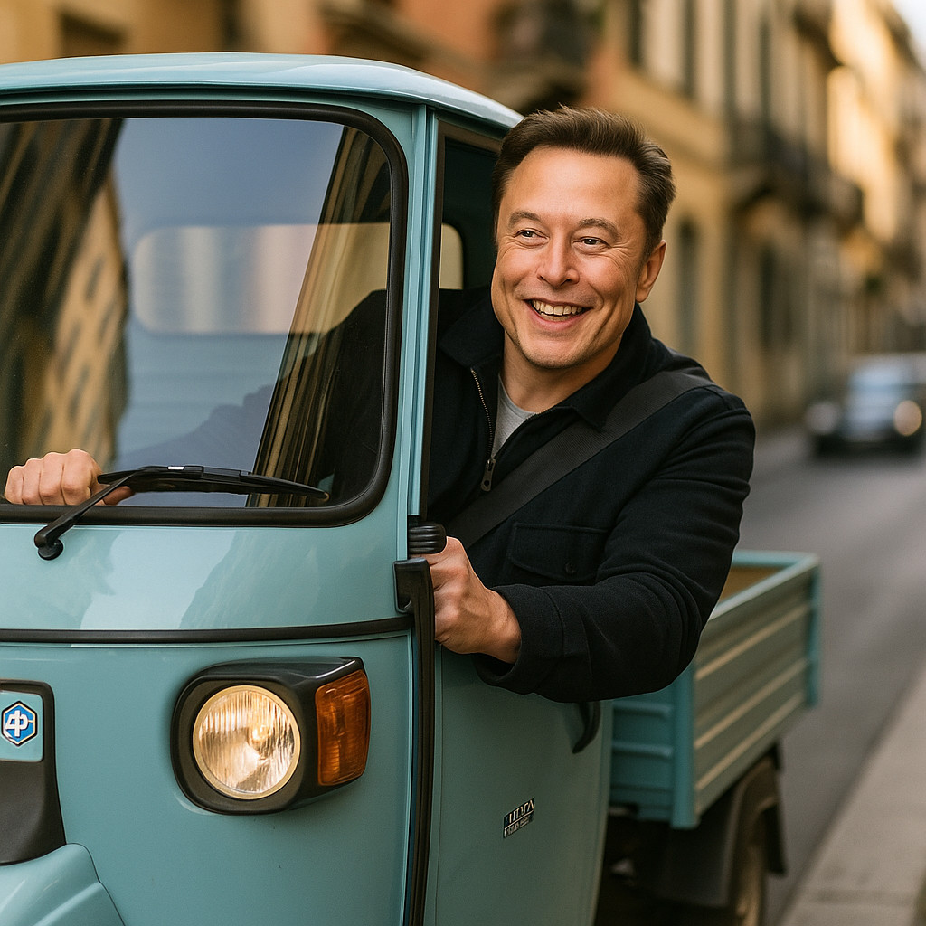 Elon Musk mentre sta guidando un ape 50 piaggio e sorride