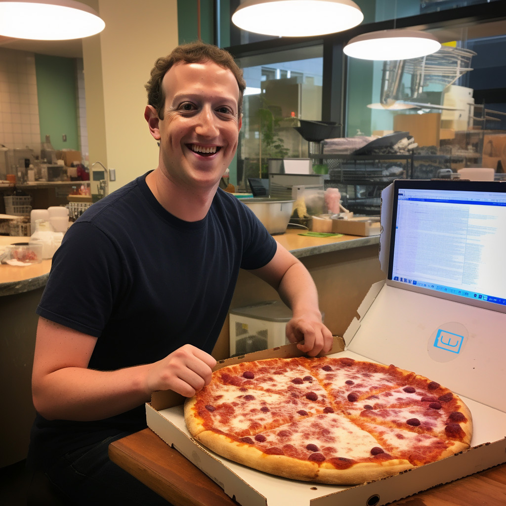 Mark Zuckerberg mentre programma Facebook con lo schermo sulla pizza per la creazione di Social Network