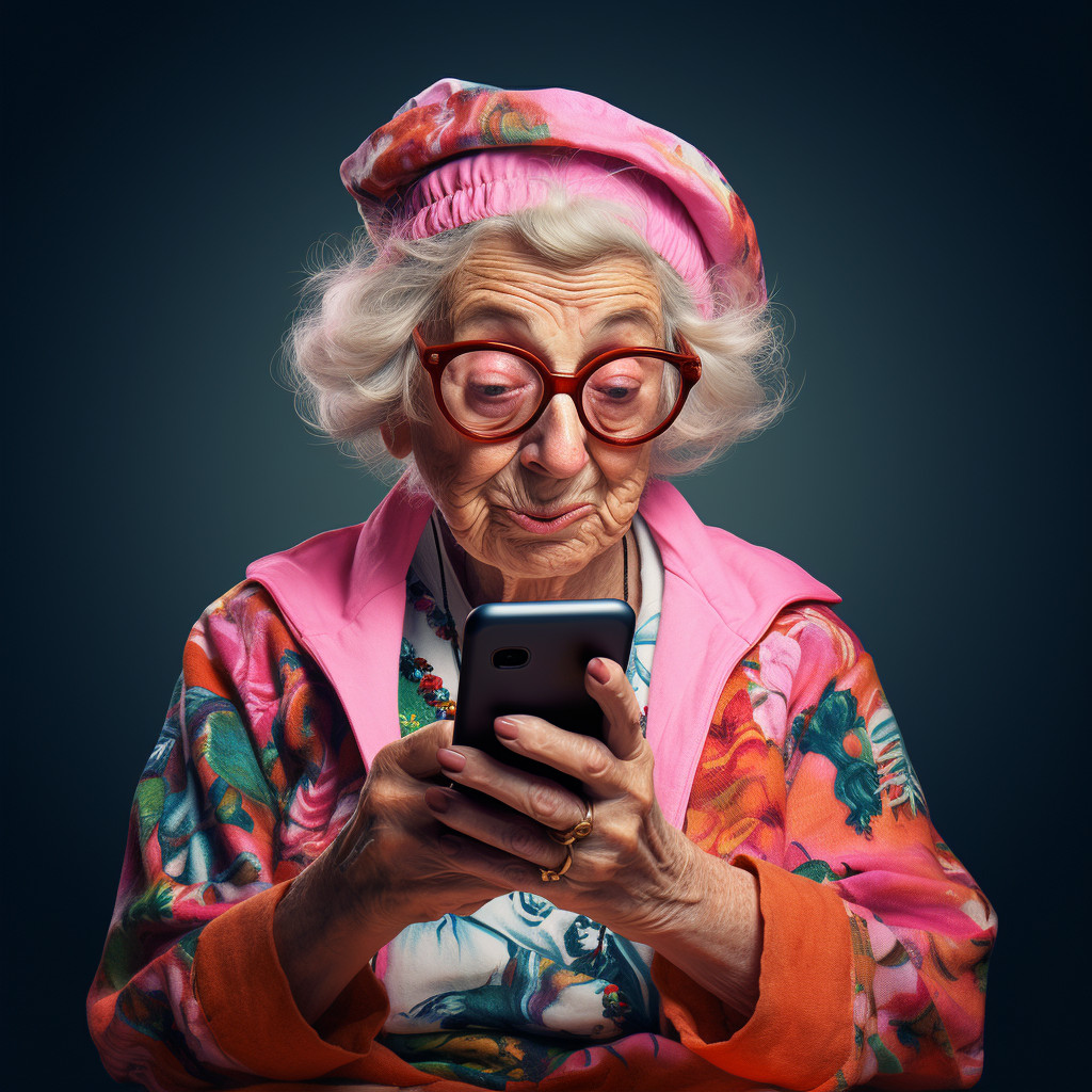 Nonna divertente mentre usa lo smartphone con abiti rosa e cappello in testa