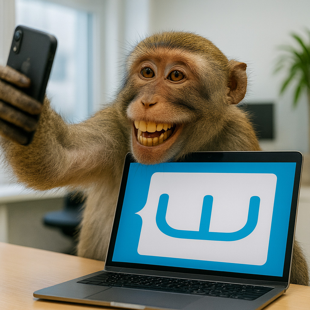 Scimmia mentre si scatta un selfie durante la gestione di pagine social dietro un computer portatile