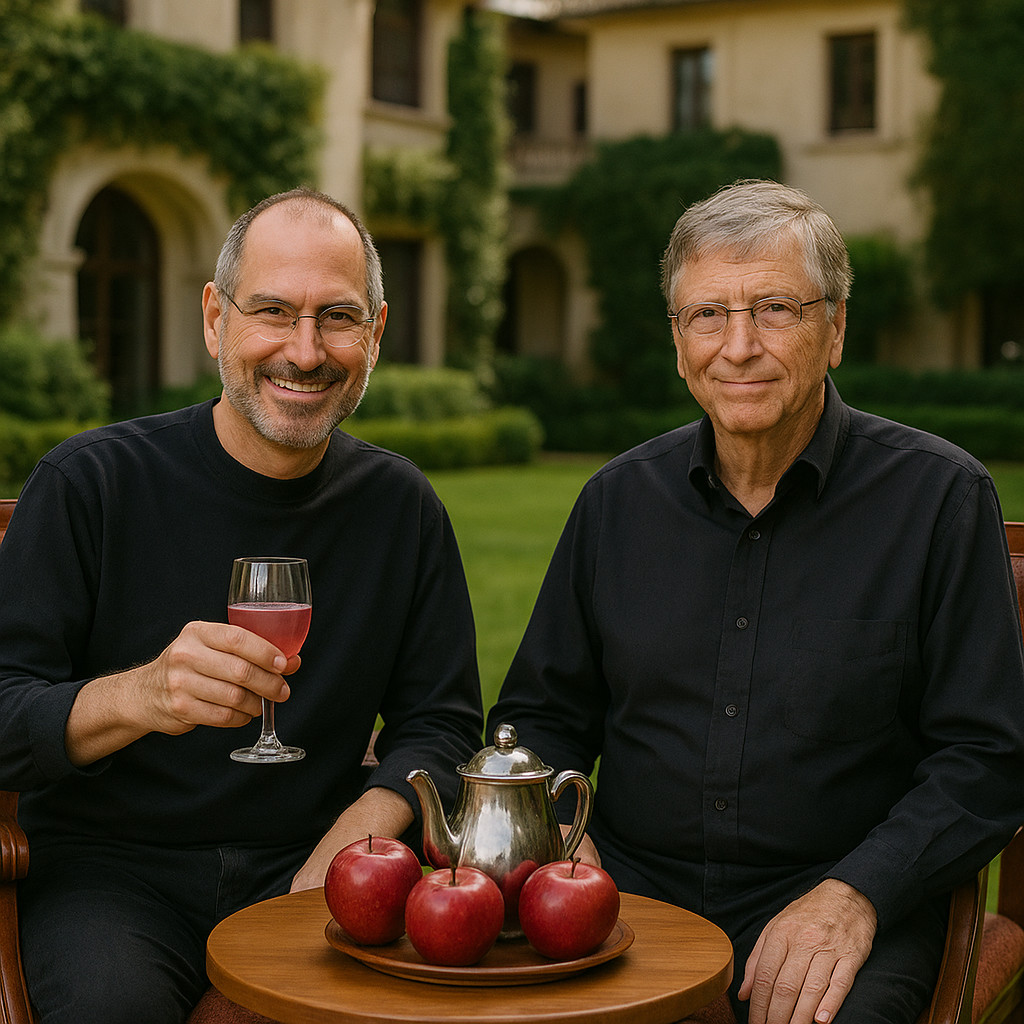 Bill Gates e Steve Jobs bevono insieme a un tavolo con mele rosse