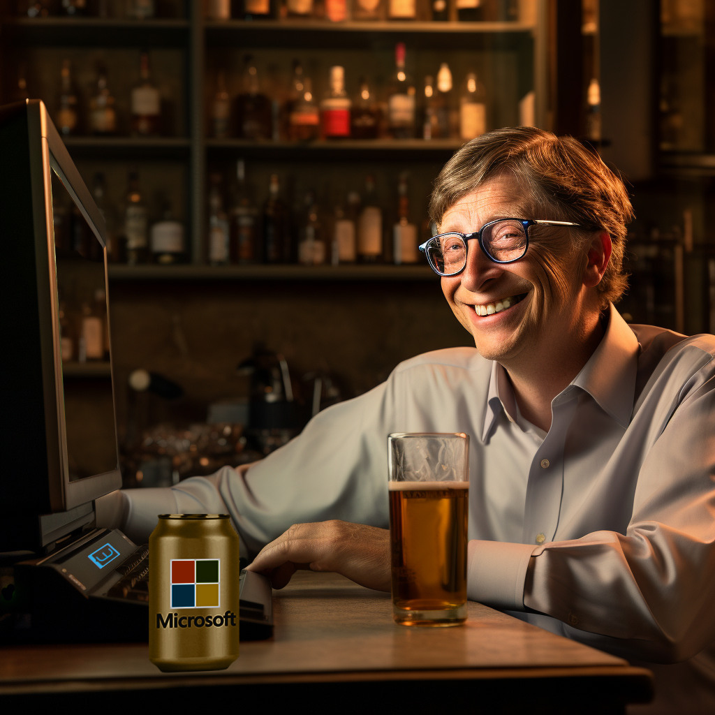 Bill Gates mentre beve birra lavora al suo computer creato con l'intelligenza artificiale